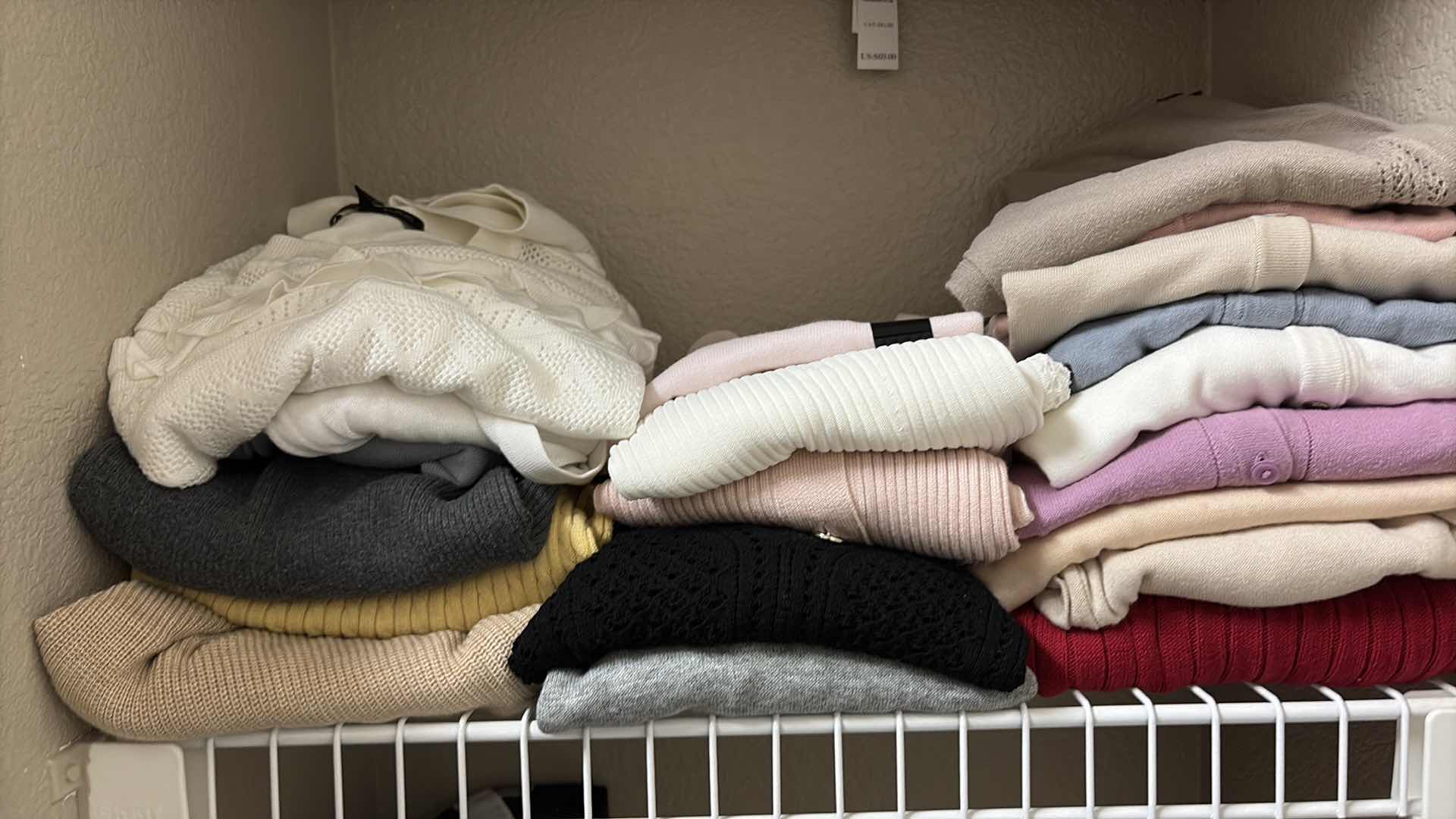 Photo 1 of CONTENTS OF PRIMARY CLOSET WOMENS SWEEATERS & SCARVES SIZE S-XL