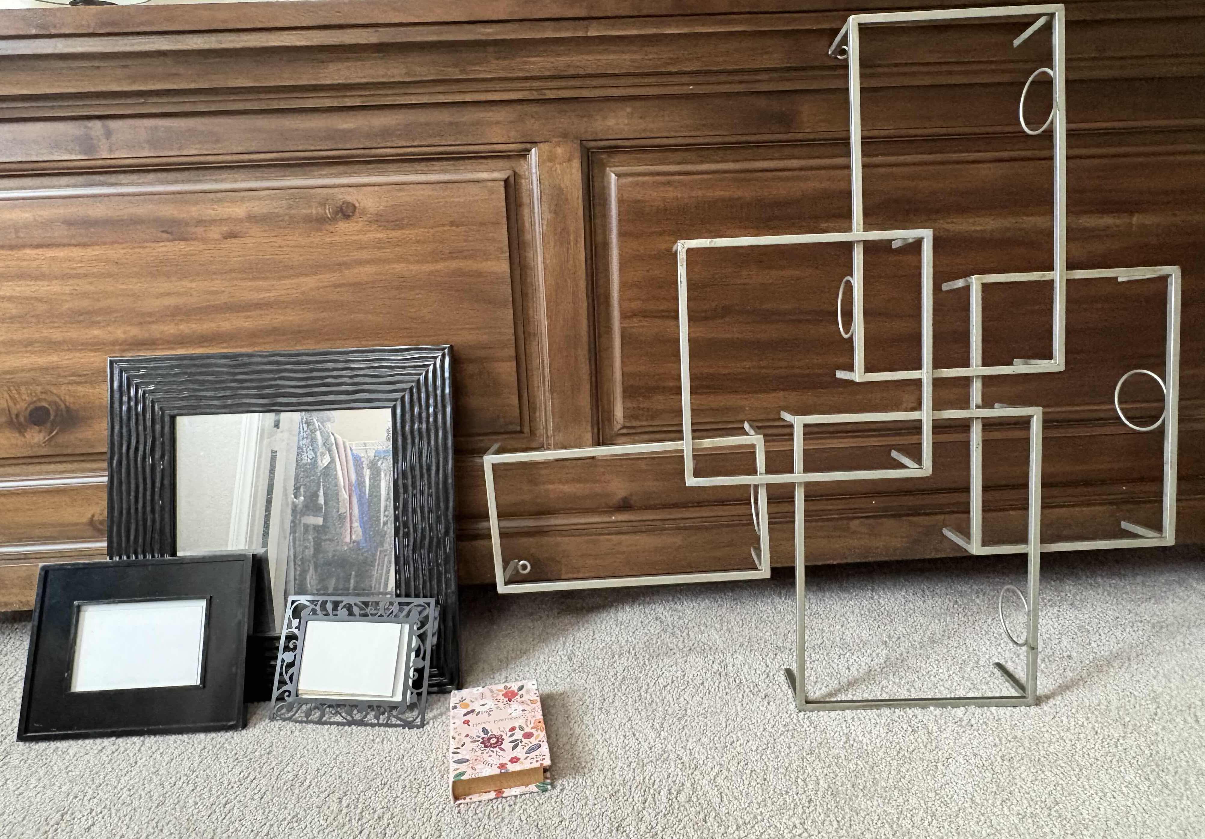 Photo 1 of 5-PCS HOME DÉCOR LOT – PHOTO FRAMES, METAL DISPLAY STANDS & DECORATIVE BOX 28.5”X3”H28.5”