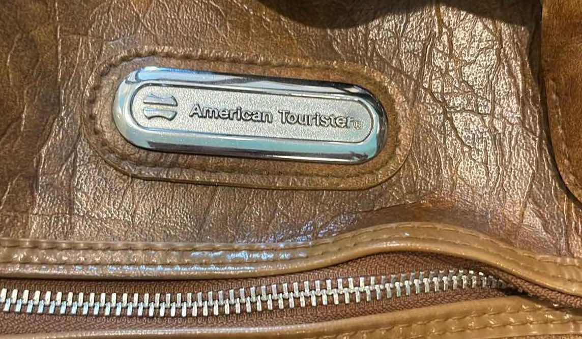 View 3 of VINTAGE AMERICAN TOURISTER BROWN FAUX LEATHER DUFFEL TRAVEL BAG WITH SHOULDER STRAP 16”X2”H10.5”