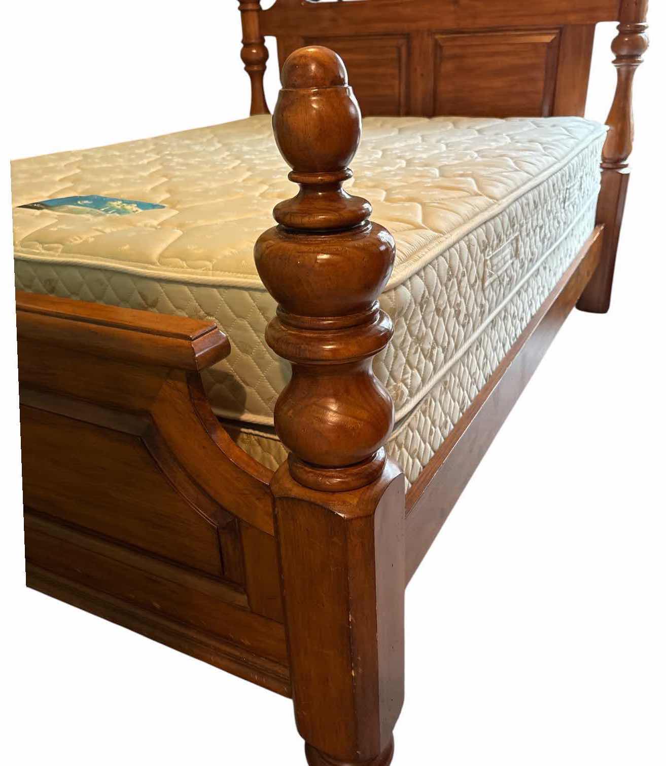 View 2 of QUEEN WOOD WARM CHERRY FOUR POSTER BED FRAME WITH DECORATIVE METAL SCROLLWORK HEADBOARD W/MATTRESS AND BOXSPRING