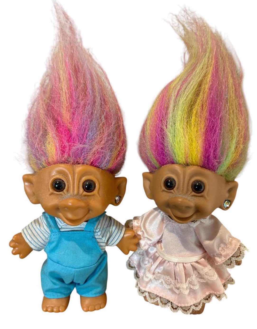 View 1 of VINTAGE TROLL DOLLS WITH MULTICOLOR HAIR & ORIGINAL STYLE OUTFITS H8.5” $35