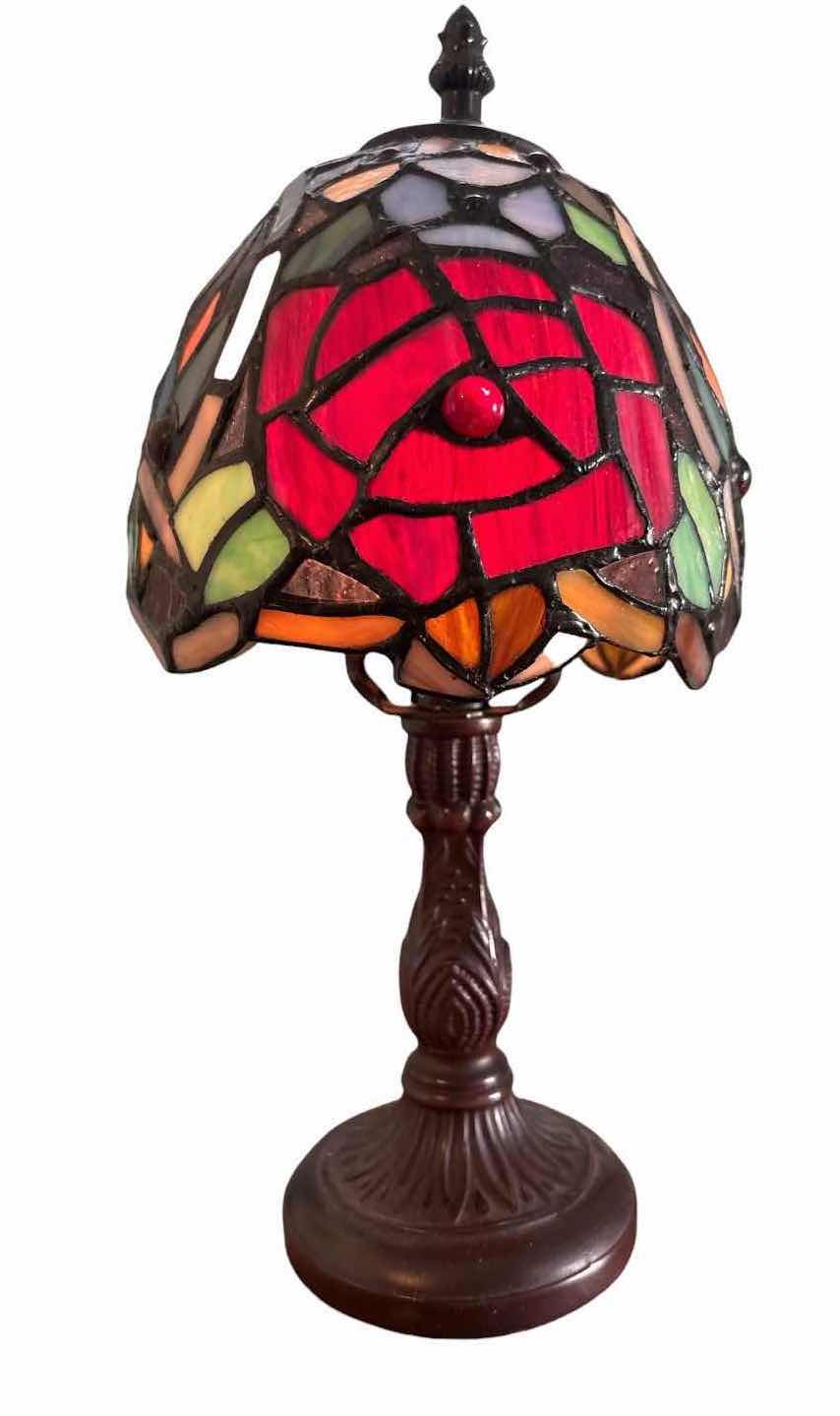 View 1 of TIFFANY STYLE STAINED GLASS TABLE LAMP WITH RED ROSE DESIGN & BRONZE TONE BASE H13.5” $80