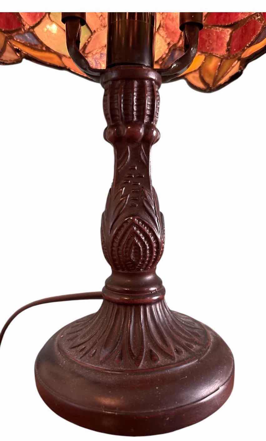 View 3 of TIFFANY STYLE STAINED GLASS TABLE LAMP WITH RED ROSE DESIGN & BRONZE TONE BASE H13.5” $80