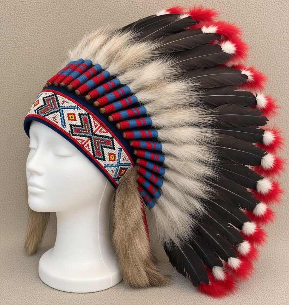 View 1 of COMANCHE GAP FEATHER WAR BONNET HEADDRESS WITH BEADED DESIGN, FUR TRIM & DECORATIVE METAL ACCENTS