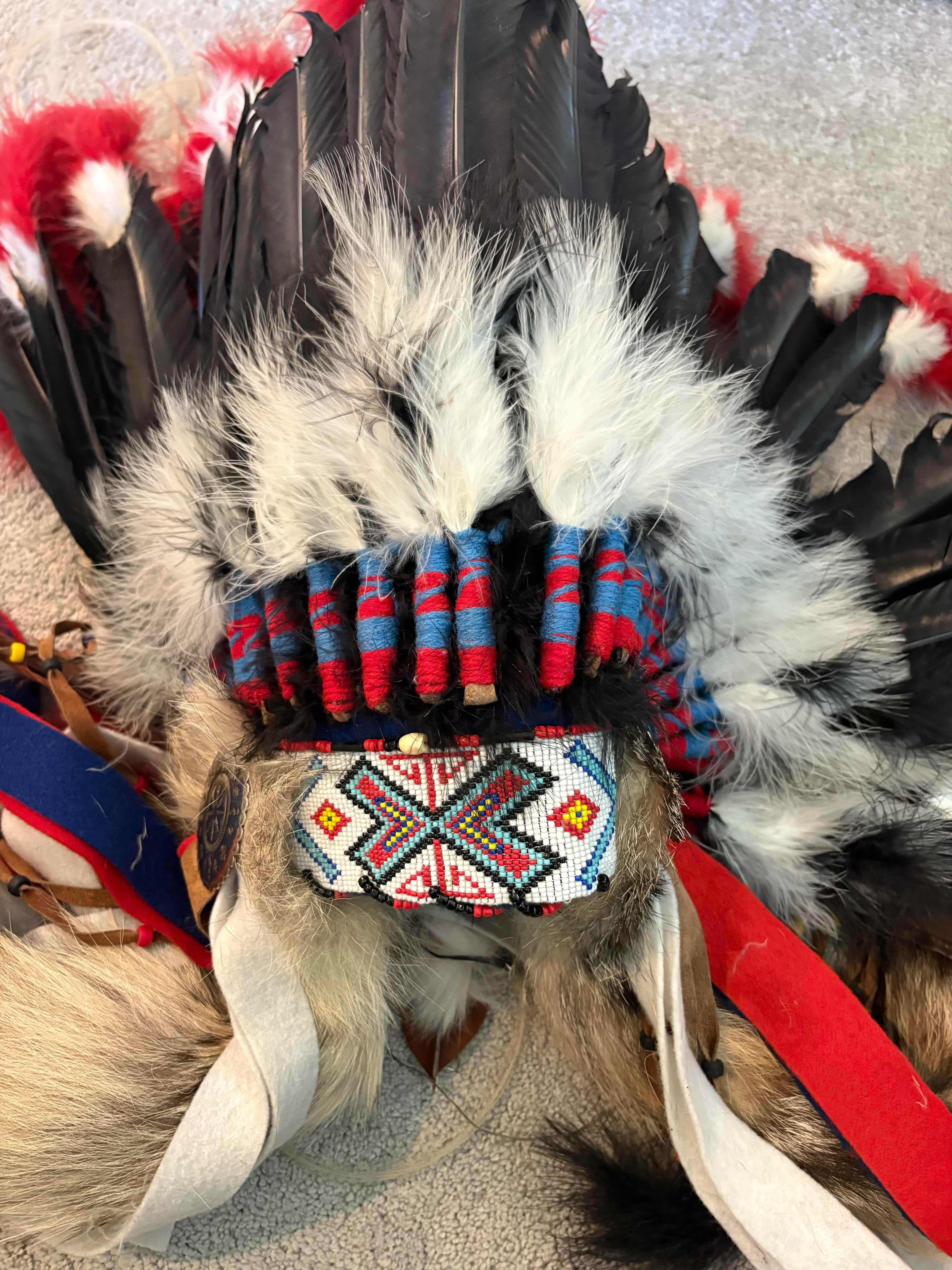 View 2 of COMANCHE GAP FEATHER WAR BONNET HEADDRESS WITH BEADED DESIGN, FUR TRIM & DECORATIVE METAL ACCENTS