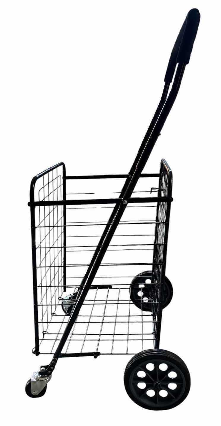 View 1 of BLACK ADJUSTABLE METAL FOLDING SHOPPING CART WITH WIRE BASKET & WHEELS 15”X14”H25” (CART HEIGHT) $50