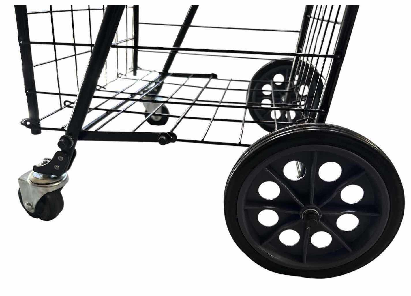 View 3 of BLACK ADJUSTABLE METAL FOLDING SHOPPING CART WITH WIRE BASKET & WHEELS 15”X14”H25” (CART HEIGHT) $50