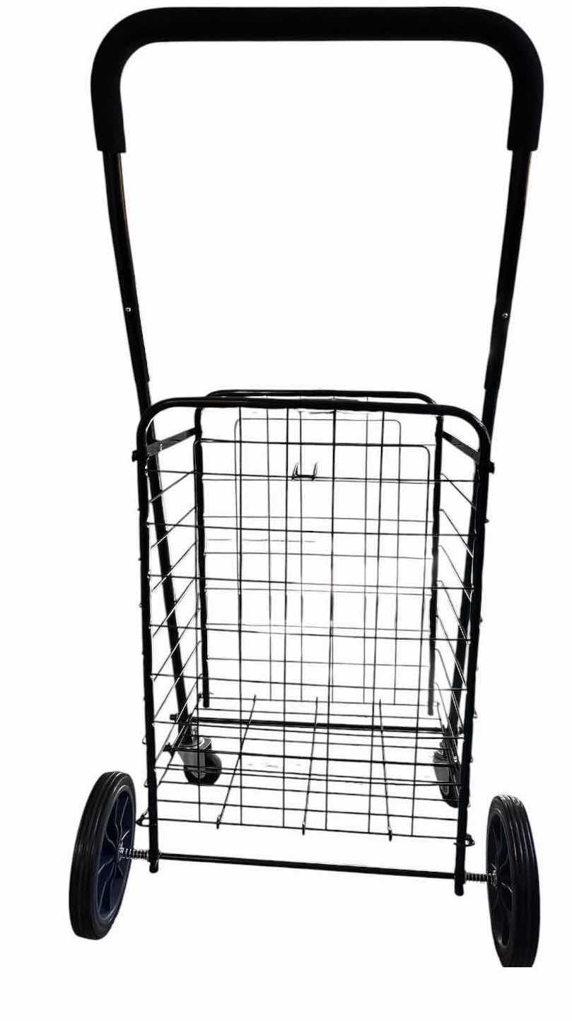 View 2 of BLACK ADJUSTABLE METAL FOLDING SHOPPING CART WITH WIRE BASKET & WHEELS 15”X14”H25” (CART HEIGHT) $50