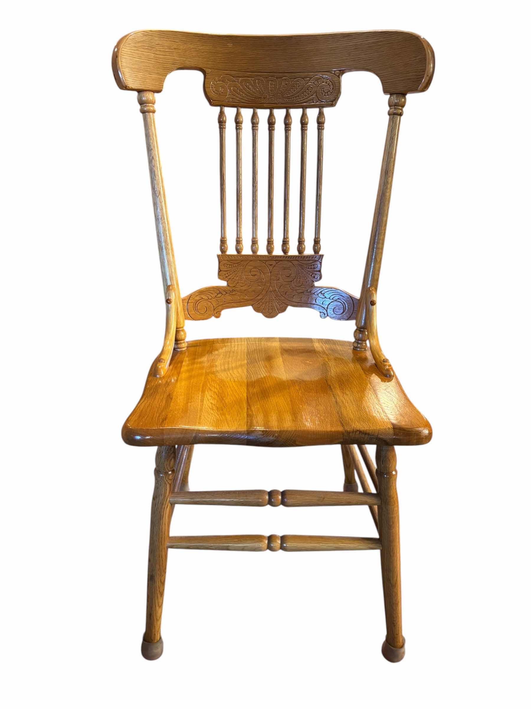 Photo 1 of VINTAGE SOLID OAK DINING CHAIR WITH TURNED SPINDLES & EMBOSSED FLORAL SCROLL CARVINGS $356