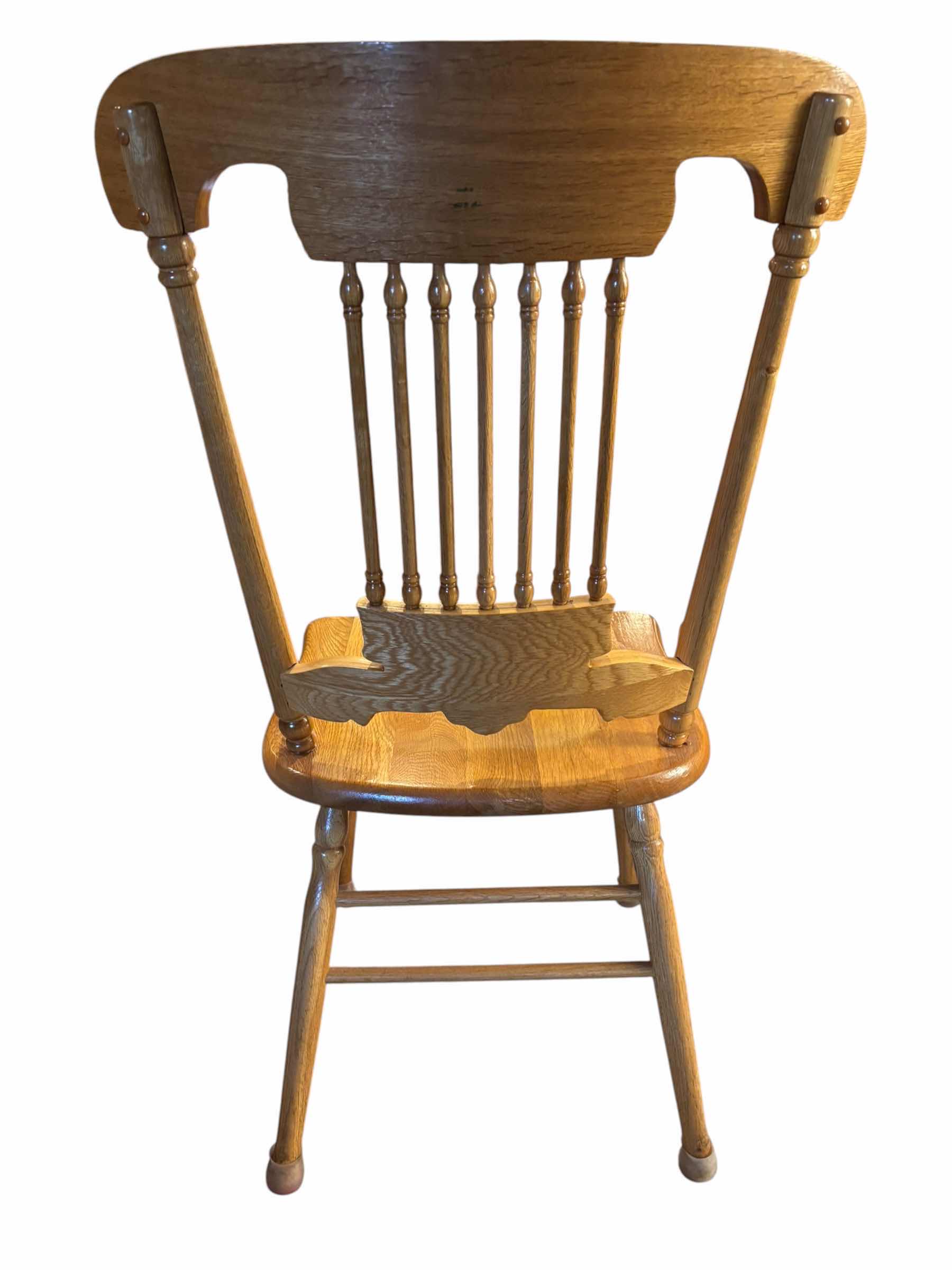View 4 of VINTAGE SOLID OAK DINING CHAIR WITH TURNED SPINDLES & EMBOSSED FLORAL SCROLL CARVINGS $356