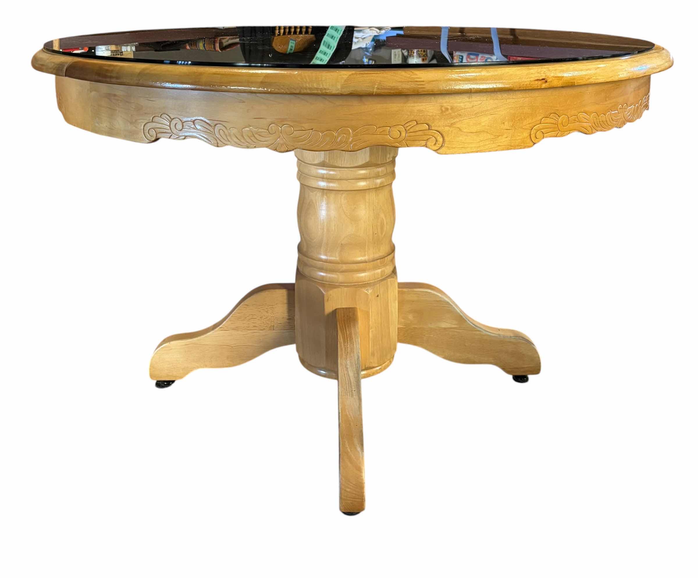 Photo 1 of VINTAGE SOLID OAK DINING TABLE WITH TURNED SPINDLES & EMBOSSED FLORAL SCROLL CARVINGS WITH GLASS TOP