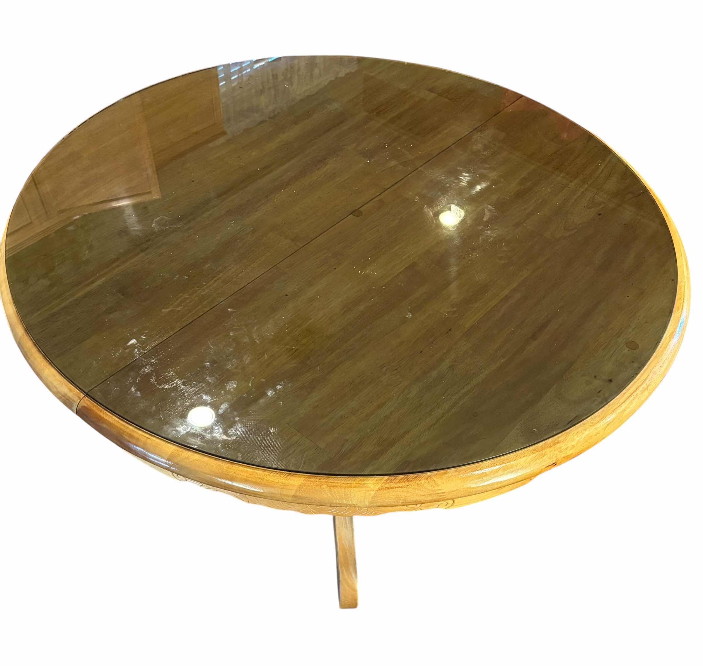 View 2 of VINTAGE SOLID OAK DINING TABLE WITH TURNED SPINDLES & EMBOSSED FLORAL SCROLL CARVINGS WITH GLASS TOP