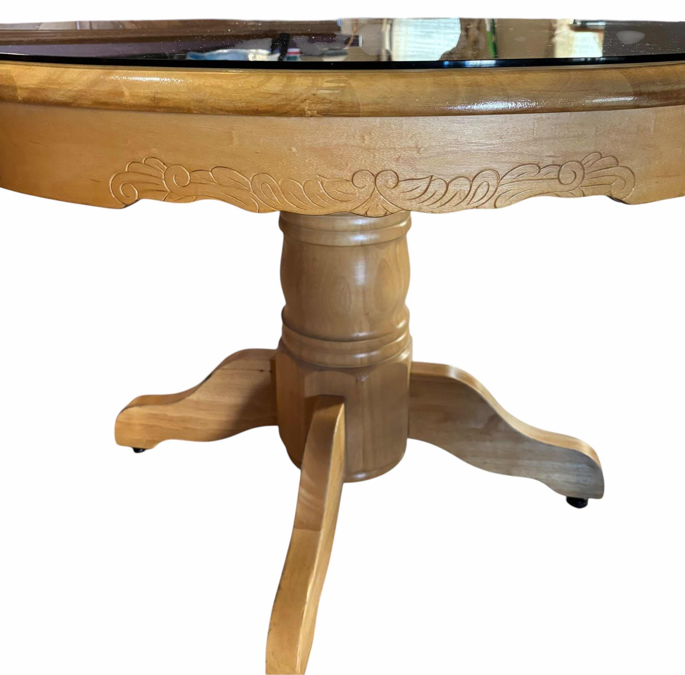View 3 of VINTAGE SOLID OAK DINING TABLE WITH TURNED SPINDLES & EMBOSSED FLORAL SCROLL CARVINGS WITH GLASS TOP
