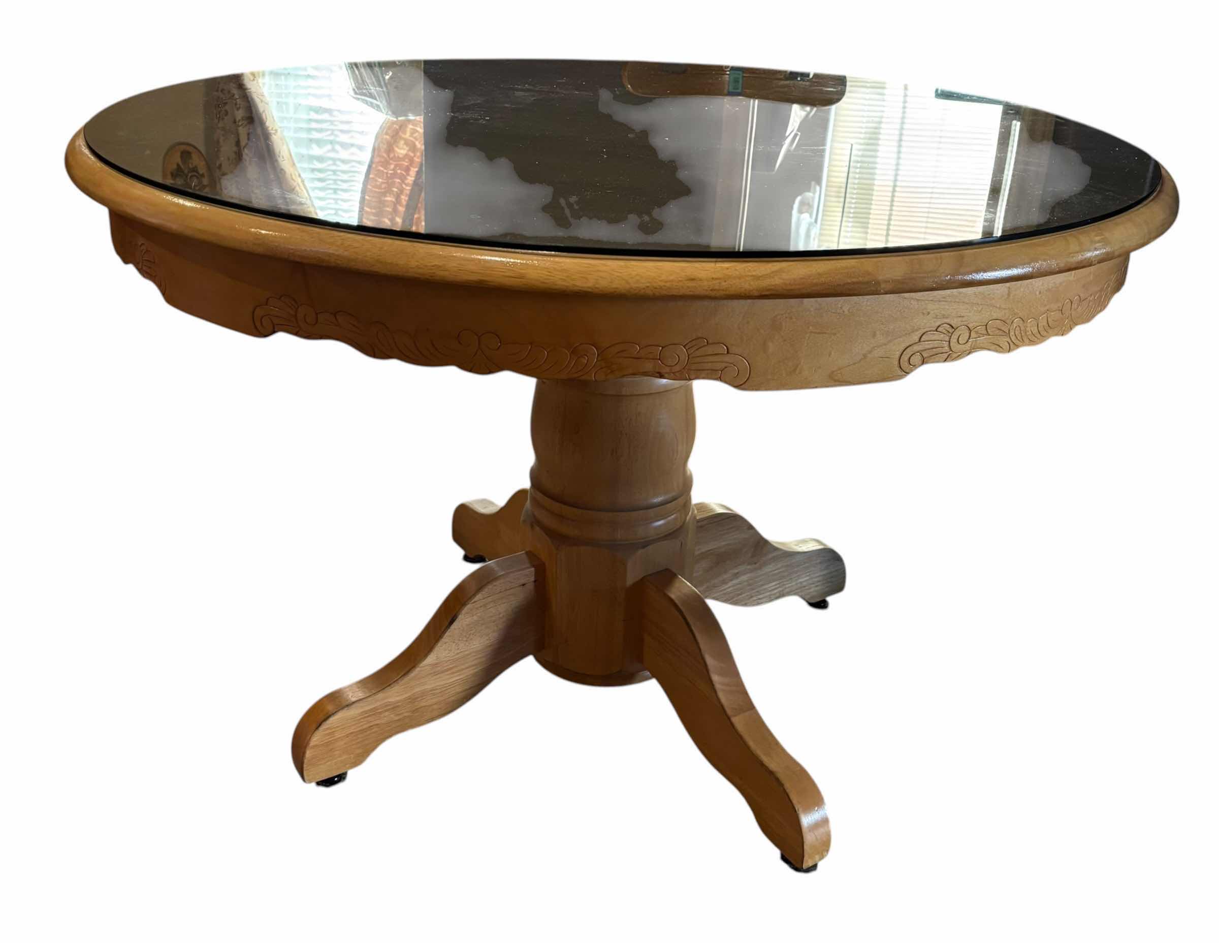 View 4 of VINTAGE SOLID OAK DINING TABLE WITH TURNED SPINDLES & EMBOSSED FLORAL SCROLL CARVINGS WITH GLASS TOP