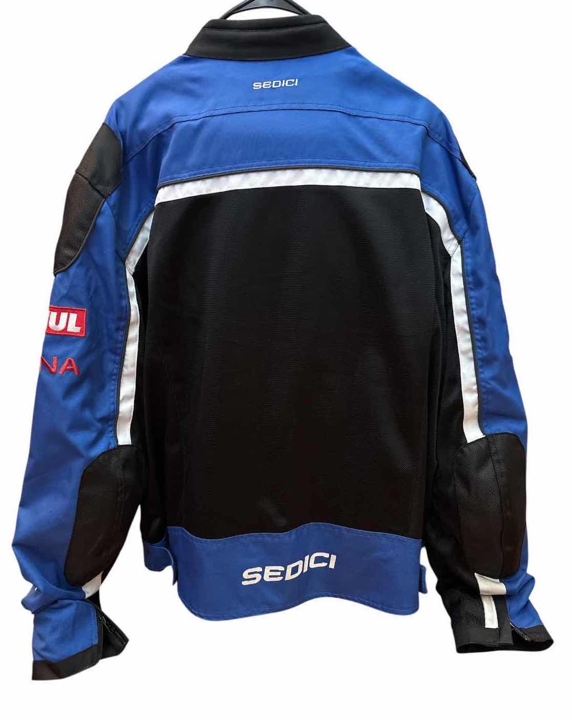 View 2 of SEDICI BLUE, BLACK & WHITE MOTORCYCLE RACING JACKET WITH SPONSOR PATCHES MENS SIZE 3XL $100