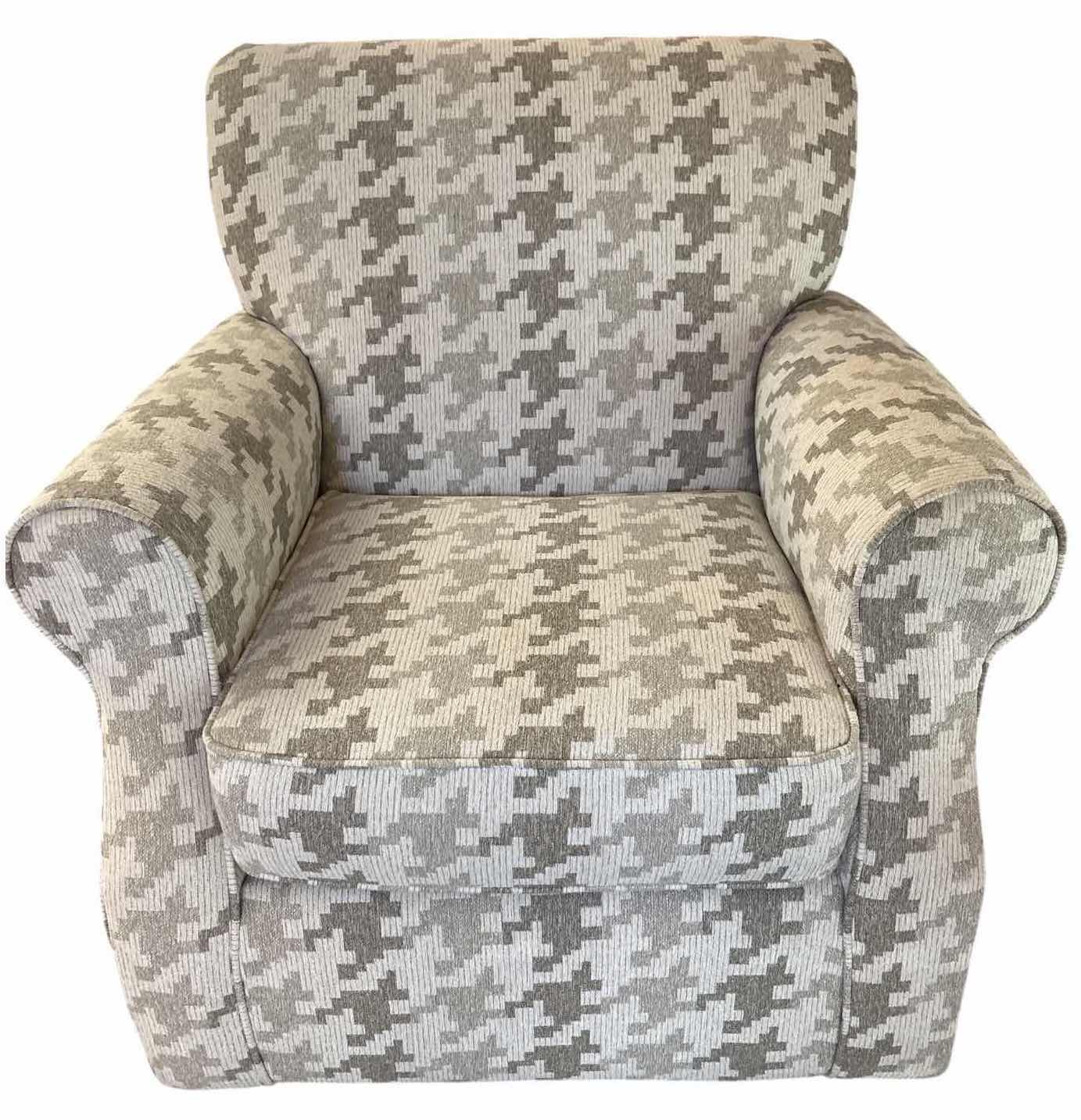 View 1 of GRAY & IVORY HOUNDSTOOTH PATTERN UPHOLSTERED 360-DEGREE SWIVEL ACCENT CHAIR WITH ROLLED ARMS 34”X31”H36”