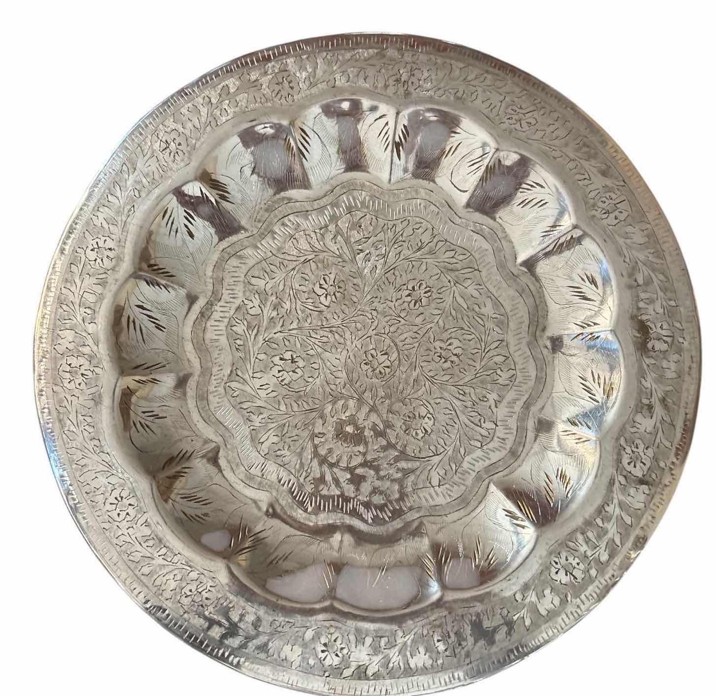 View 3 of VINTAGE MADE IN INDIA SILVER-TONE ENGRAVED METAL SERVING TRAY WITH 4 DECORATIVE GOBLETS H5”