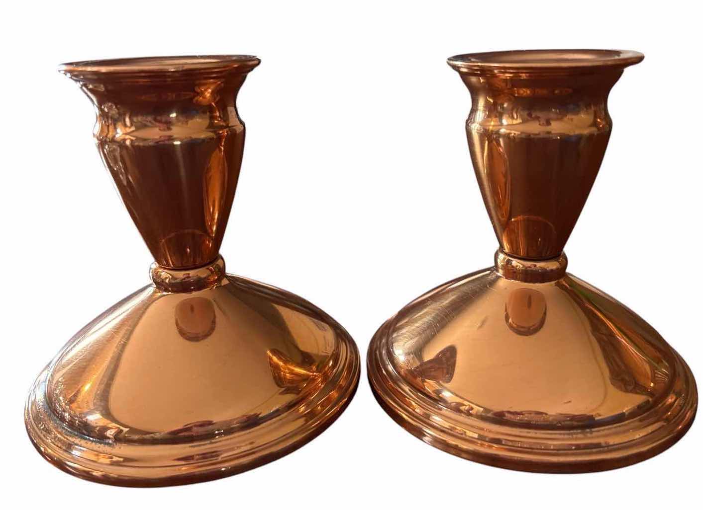 View 2 of 4-PCS CANDLE HOLDERS – 2 COPPER-TONE METAL TAPER CANDLESTICKS & 2 CLEAR CUT GLASS VOTIVE HOLDERS H4”