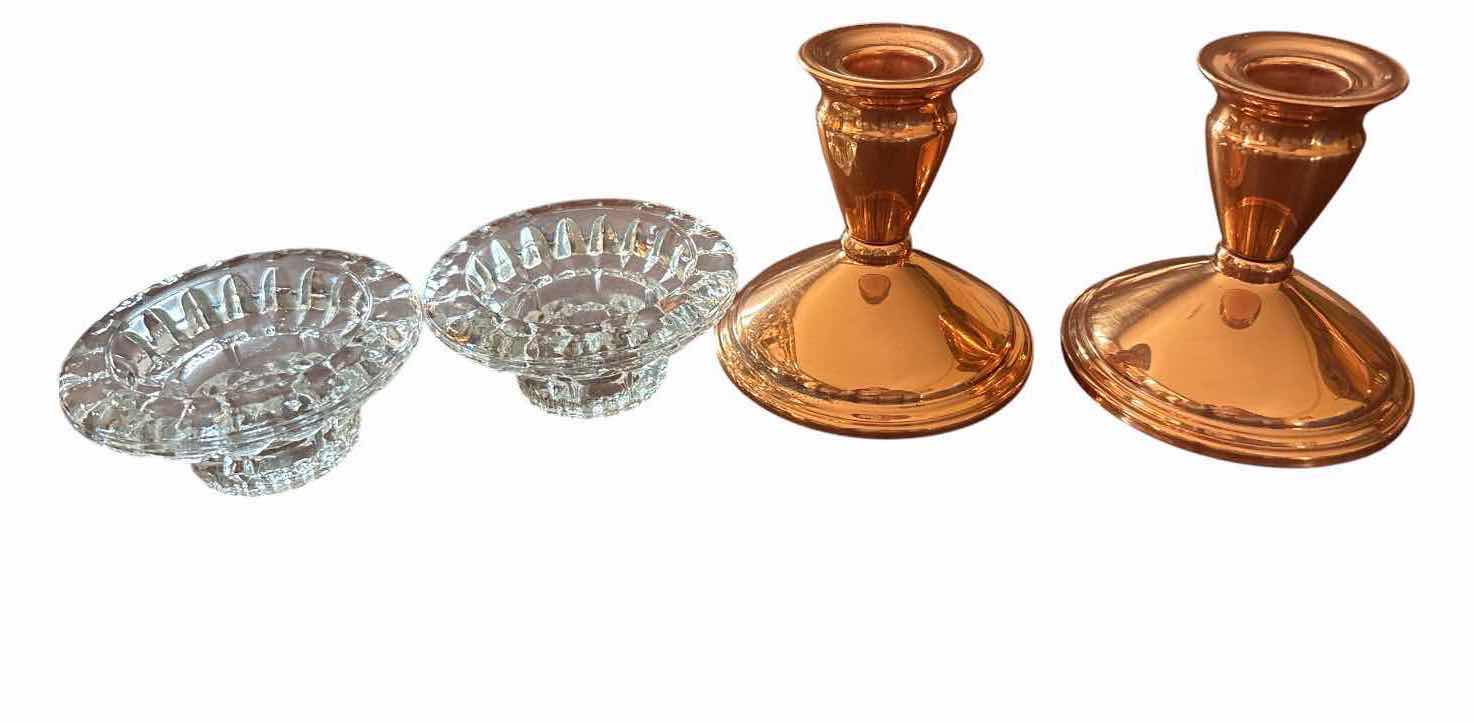 View 1 of 4-PCS CANDLE HOLDERS – 2 COPPER-TONE METAL TAPER CANDLESTICKS & 2 CLEAR CUT GLASS VOTIVE HOLDERS H4”