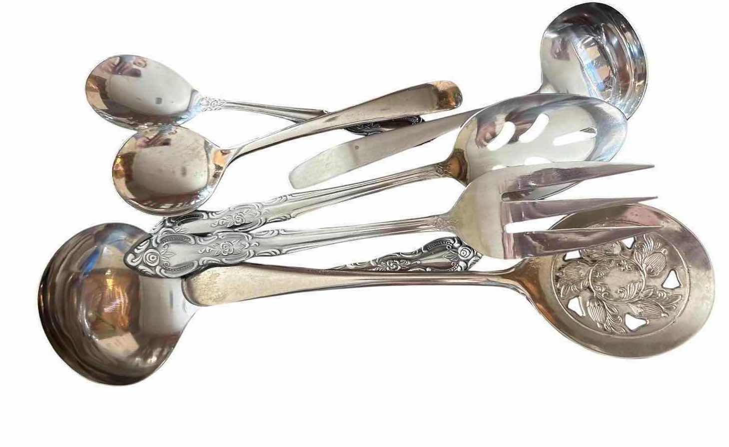 View 2 of 11-PCS SERVING UTENSILS WITH CLEAR GLASS TRAY & SILVER-TONE METAL SERVING TRAY
