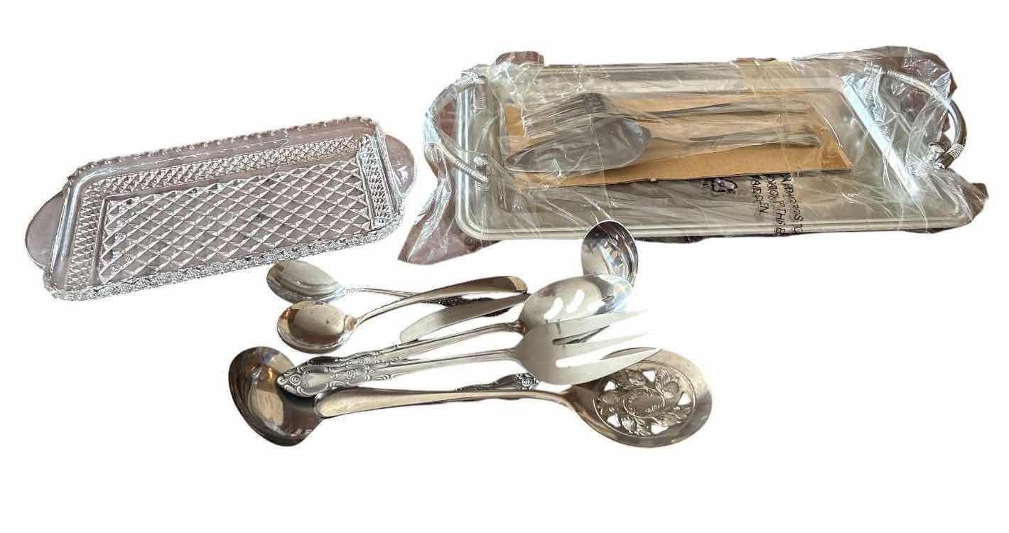View 1 of 11-PCS SERVING UTENSILS WITH CLEAR GLASS TRAY & SILVER-TONE METAL SERVING TRAY