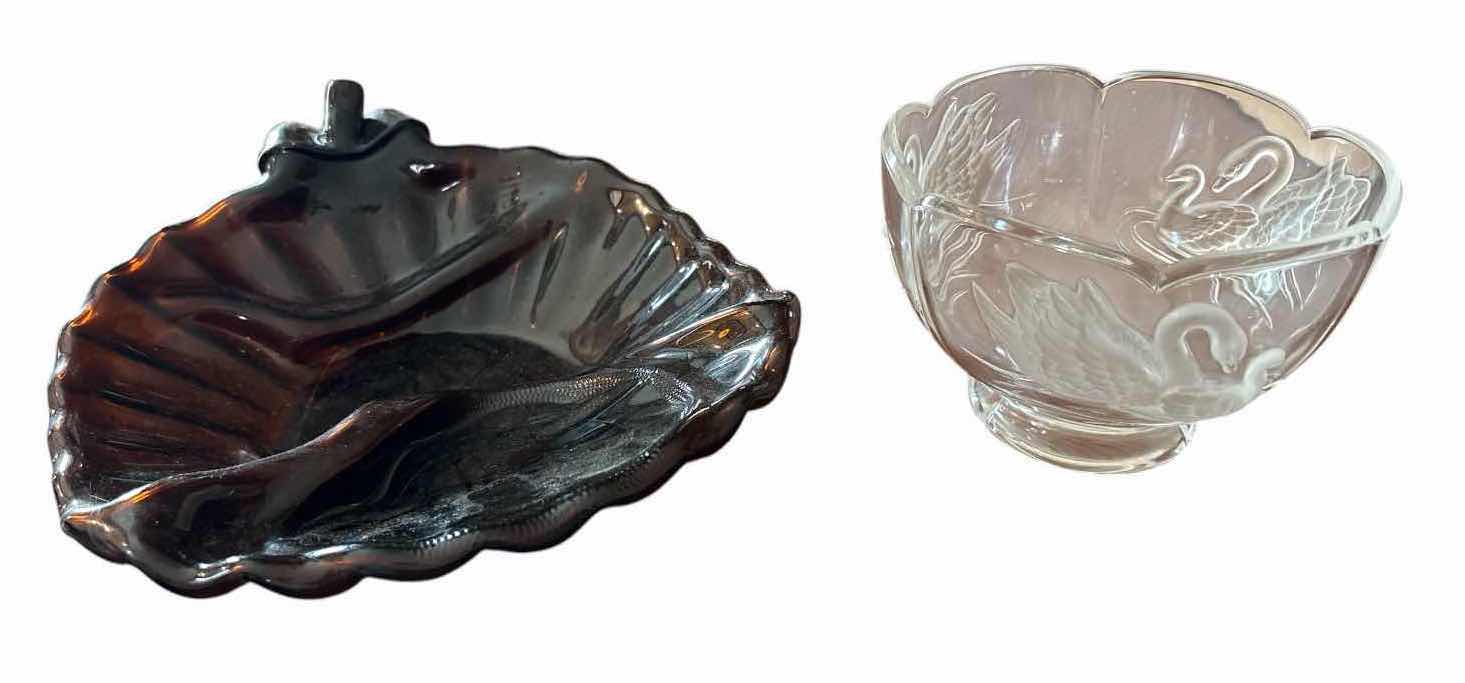 View 1 of 2-PCS GLASS SERVING BOWLS – DARK AMBER DIVIDED RELISH DISH & CLEAR FROSTED SWAN DESIGN BOWL D9”