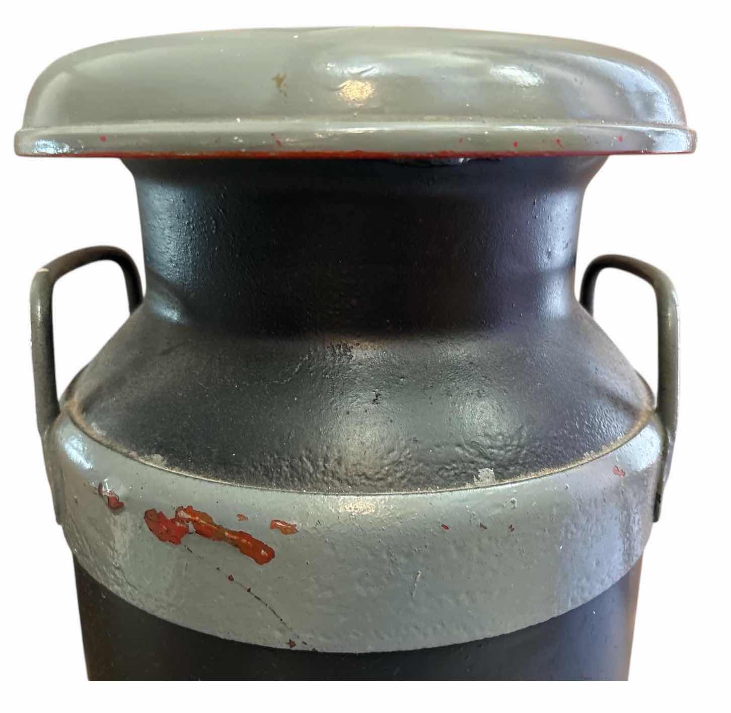 View 2 of VINTAGE METAL MILK CAN WITH LID & SIDE HANDLES – BLACK & GRAY H20.5”