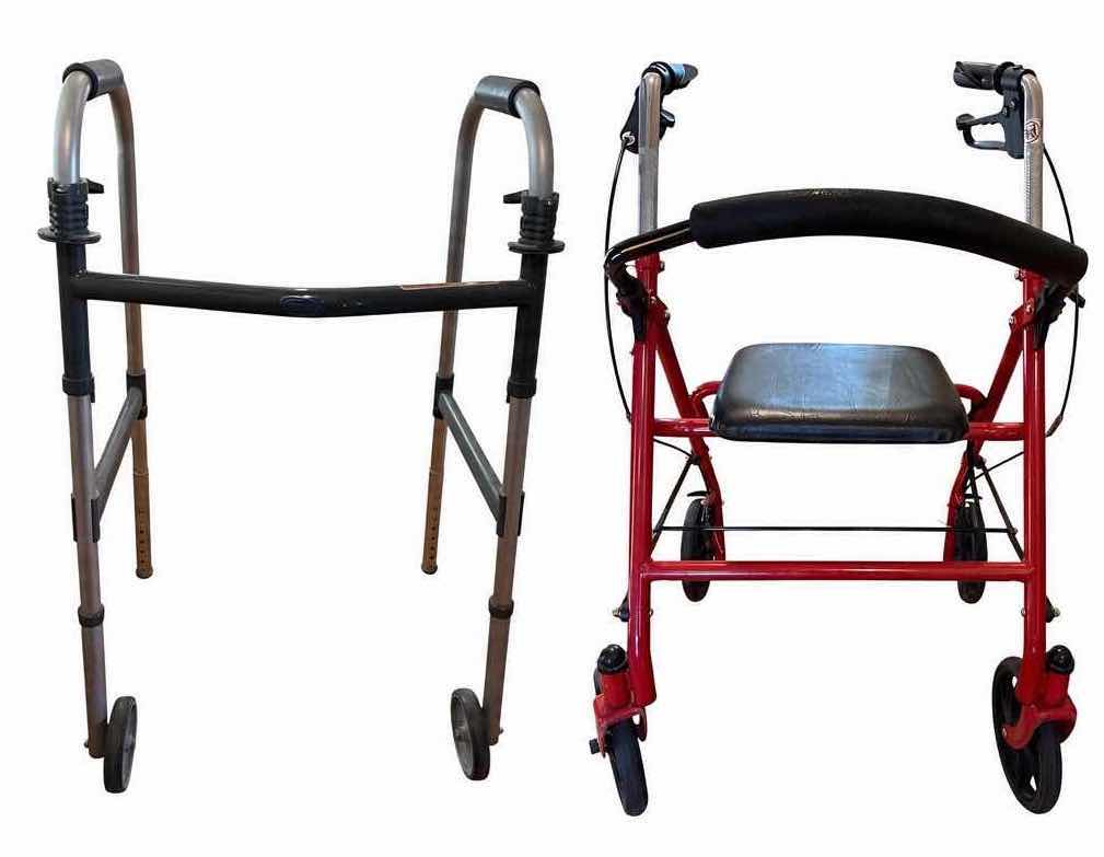 View 1 of 2-PCS DRIVE RED FOLDING ROLLATOR HEIGHT ADJUSTABLE WALKER WITH PADDED SEAT, BACKREST & HAND BRAKES & WALKER