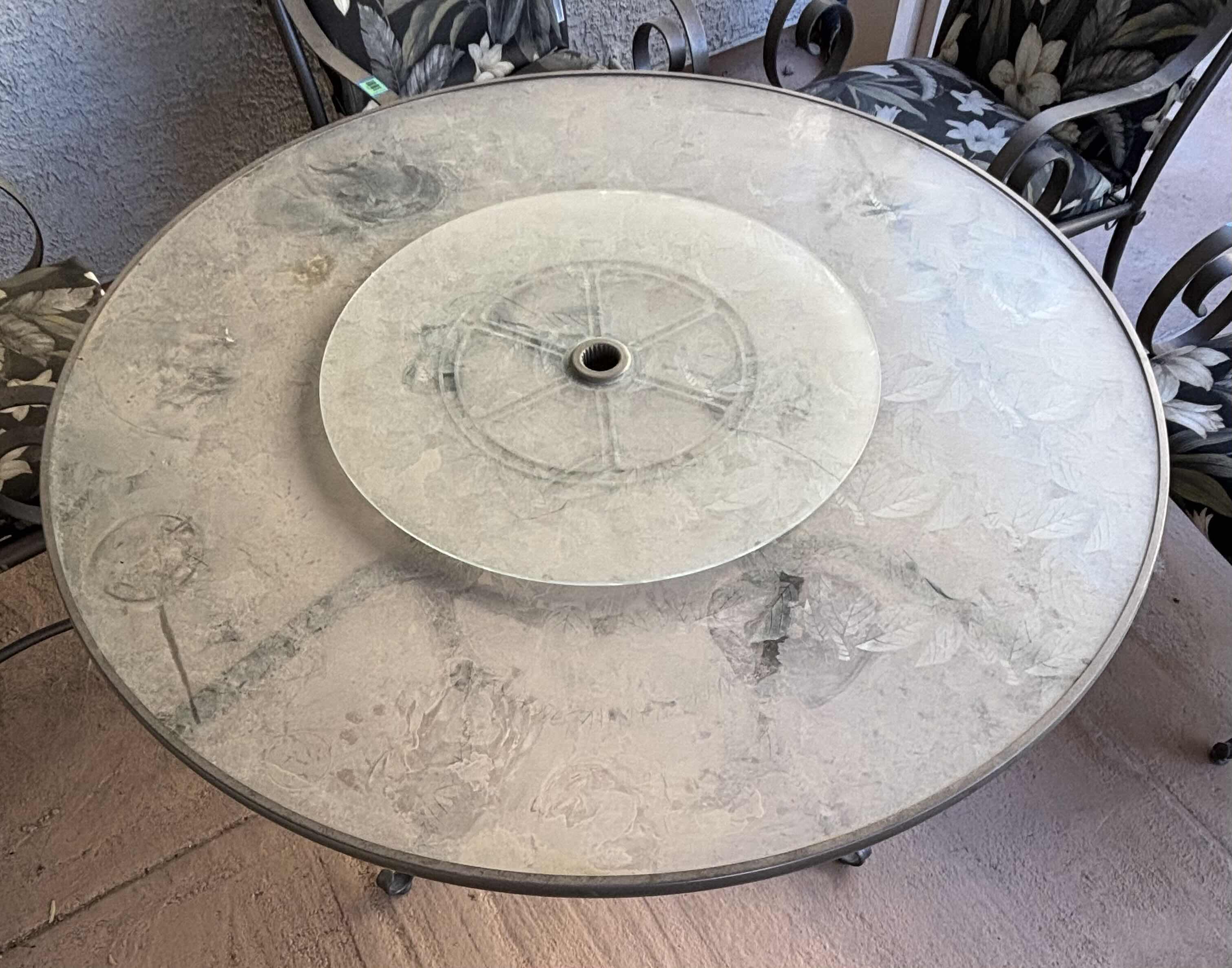 View 2 of METAL OUTDOOR PATIO TABLE WITH GLASS TOP AND BUILT IN GLASS LAZY SUSAN $2359