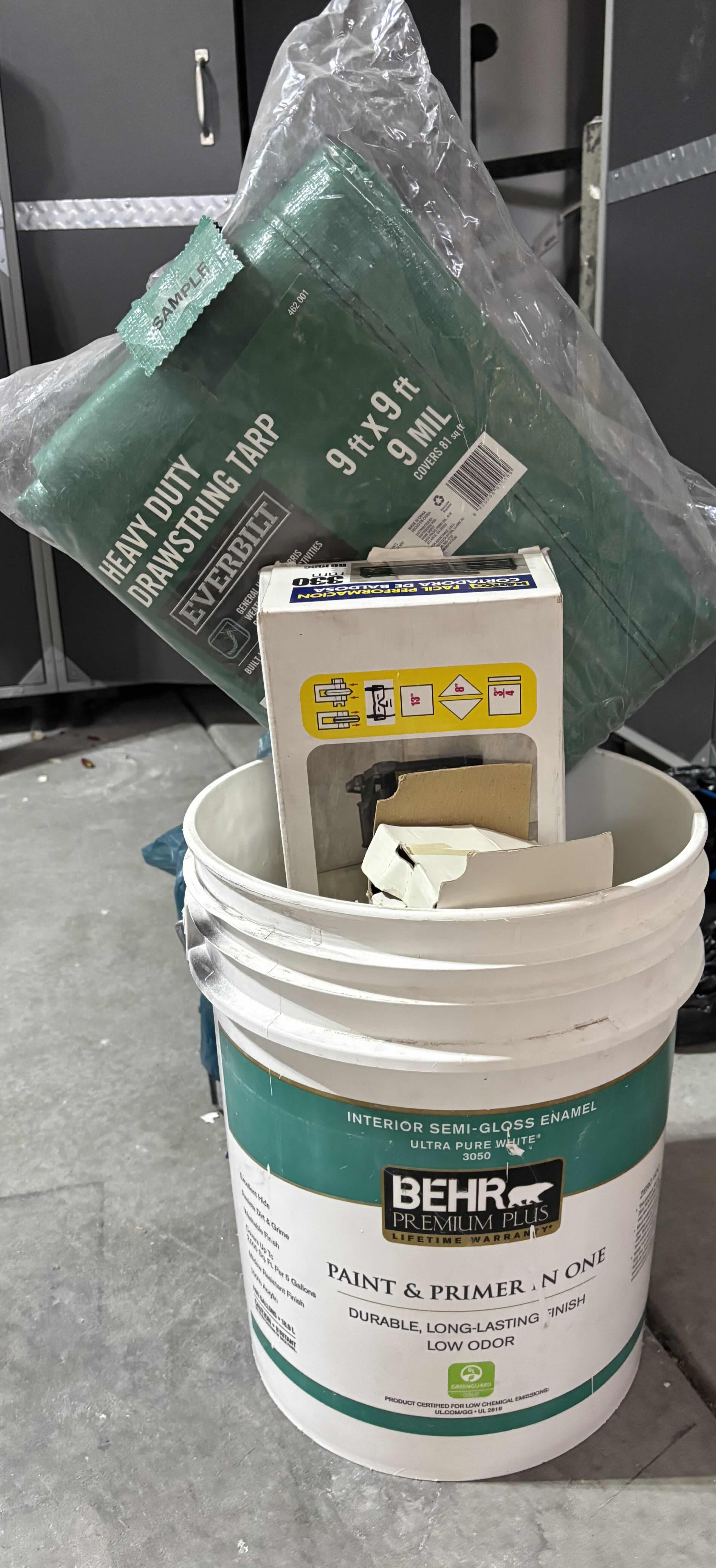 View 1 of BUCKET WITH TILE CUTTER & 9’ X 9’ TARP