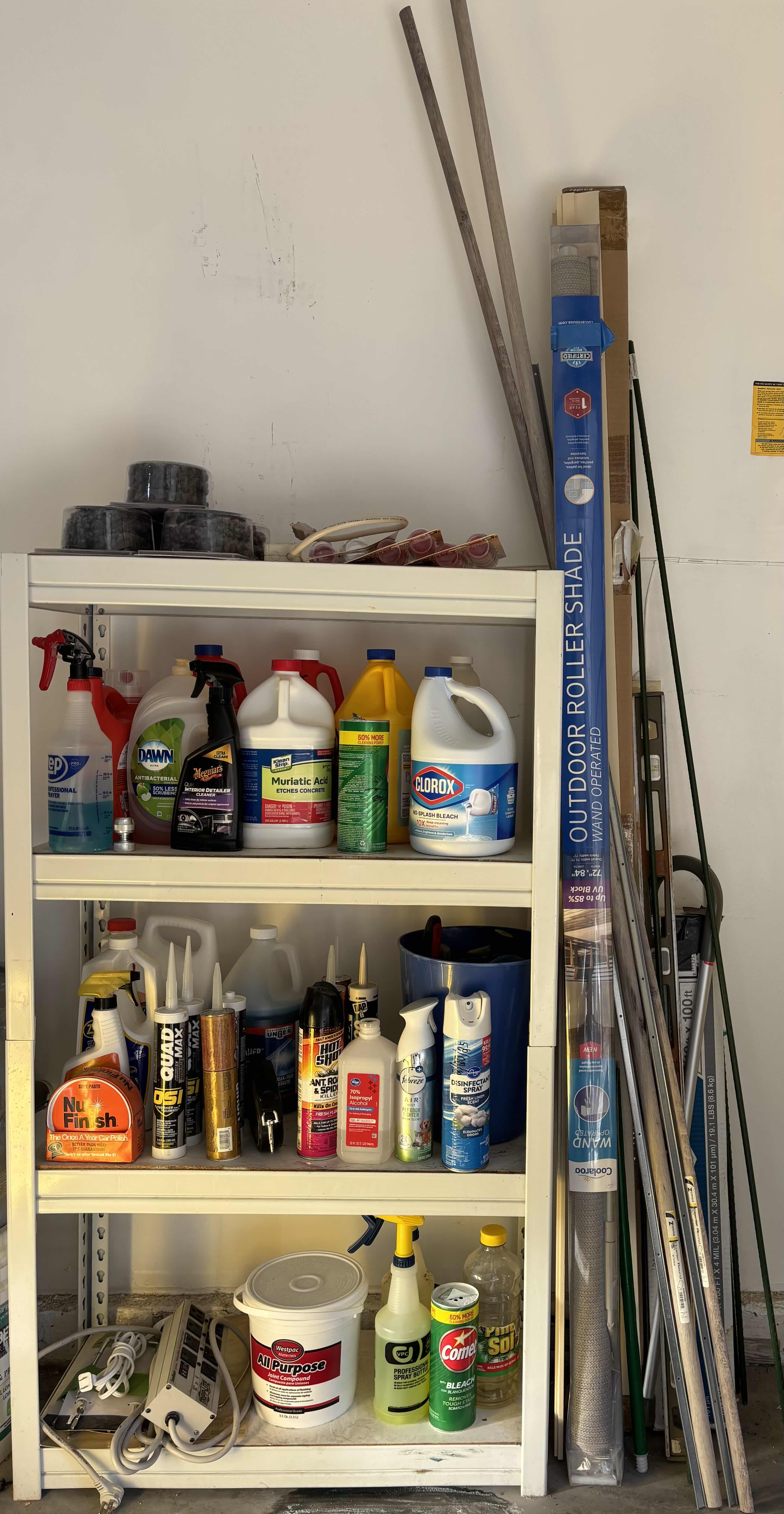 View 1 of CONTENTS OF SHELVES & SHELF WITH 4’ LEVEL, OUTDOOR ROLLER SHADE & MORE