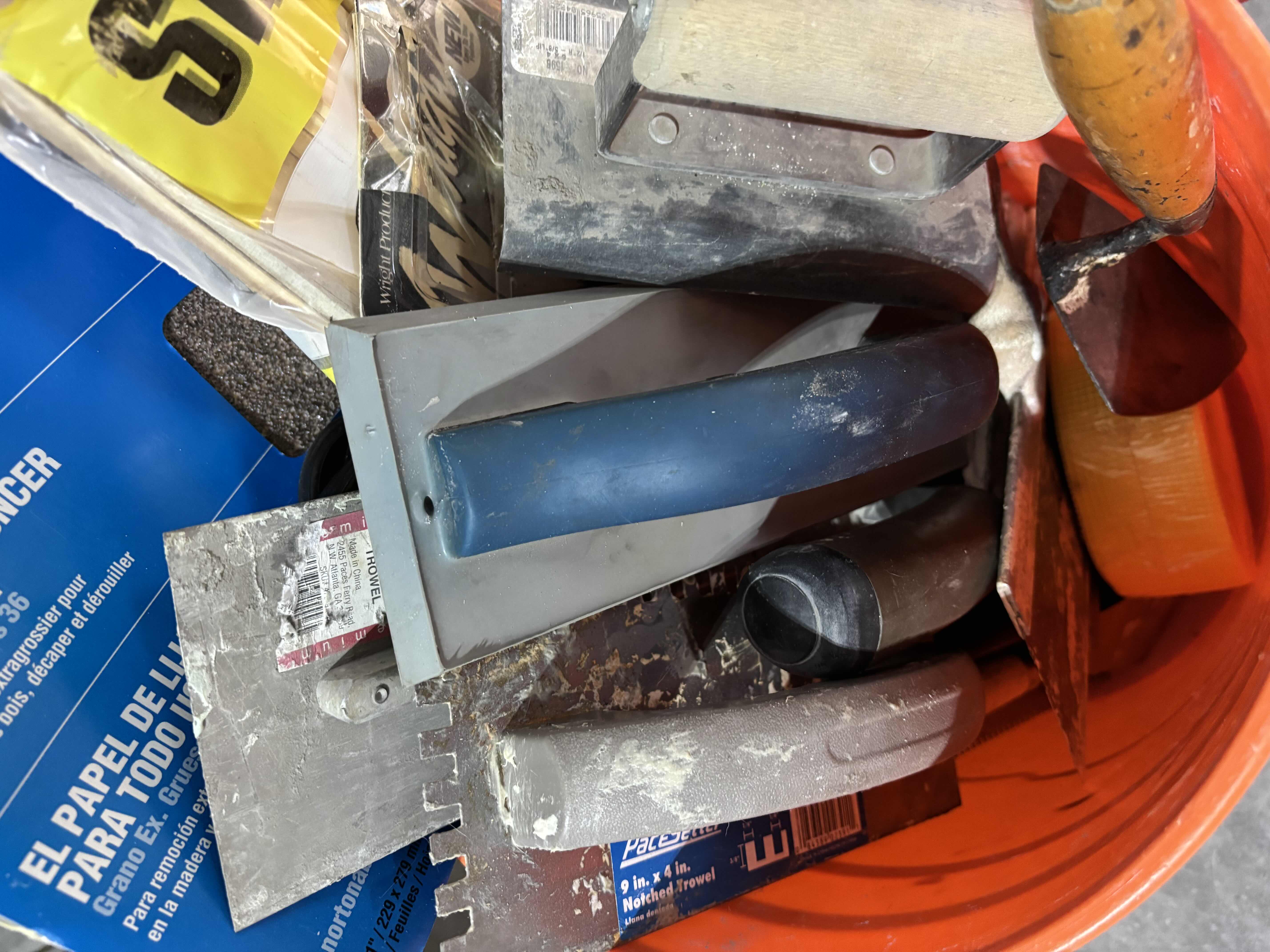 View 2 of BUCKET OF TOOLS: FINISHING TROWELS, DRYWALL SUPPLIES & MORE