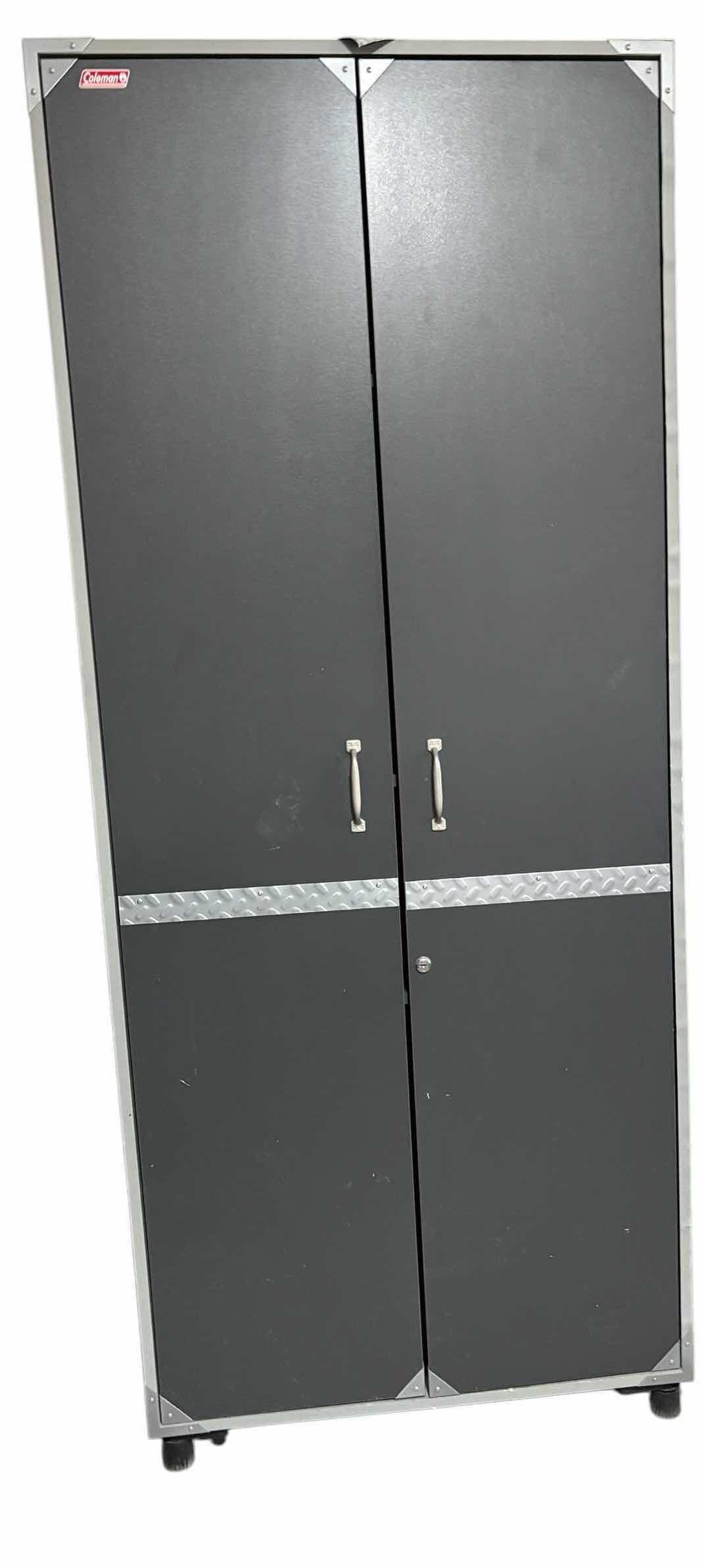 View 1 of COLEMAN GRAY 2-DOOR GARAGE STORAGE CABINET WITH SILVER DIAMOND PLATE ACCENTS 31.5”X30”H72”