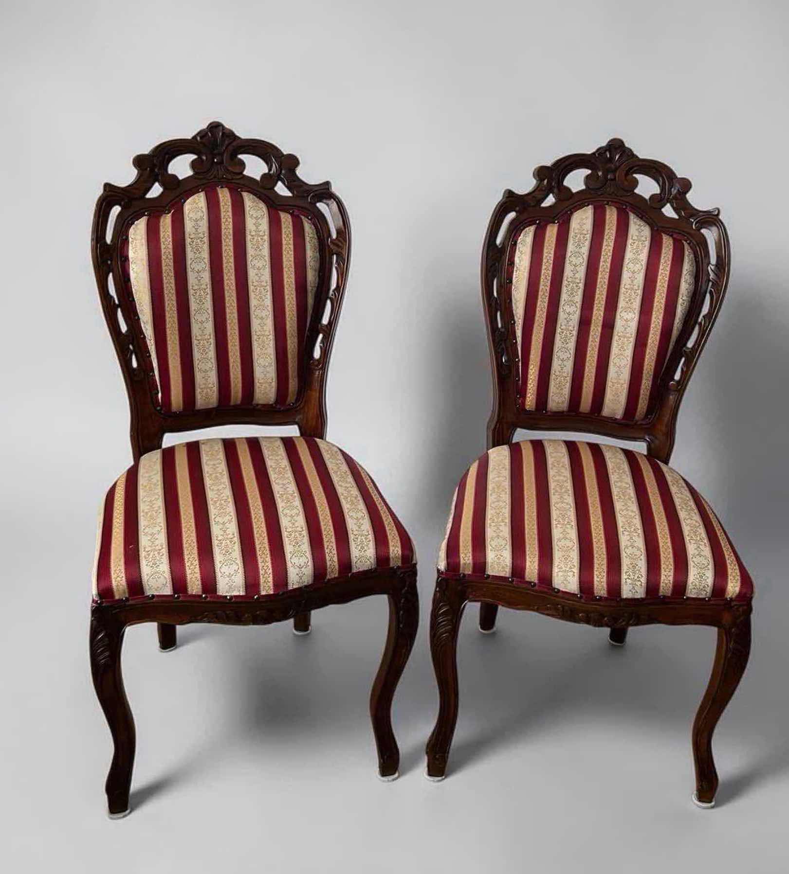 Photo 1 of 2- BAROQUE STYLE CHAIRS W DARK WOOD FRAME & RED WHITE STRIPED UPHOLSTERY 20" X 47"
