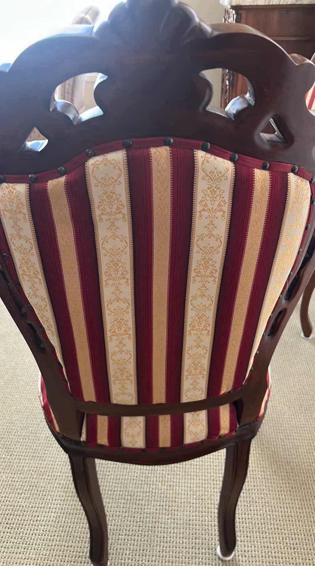 Photo 1 of 2- BAROQUE STYLE CHAIRS W DARK WOOD FRAME & RED WHITE STRIPED UPHOLSTERY 20" X 47"