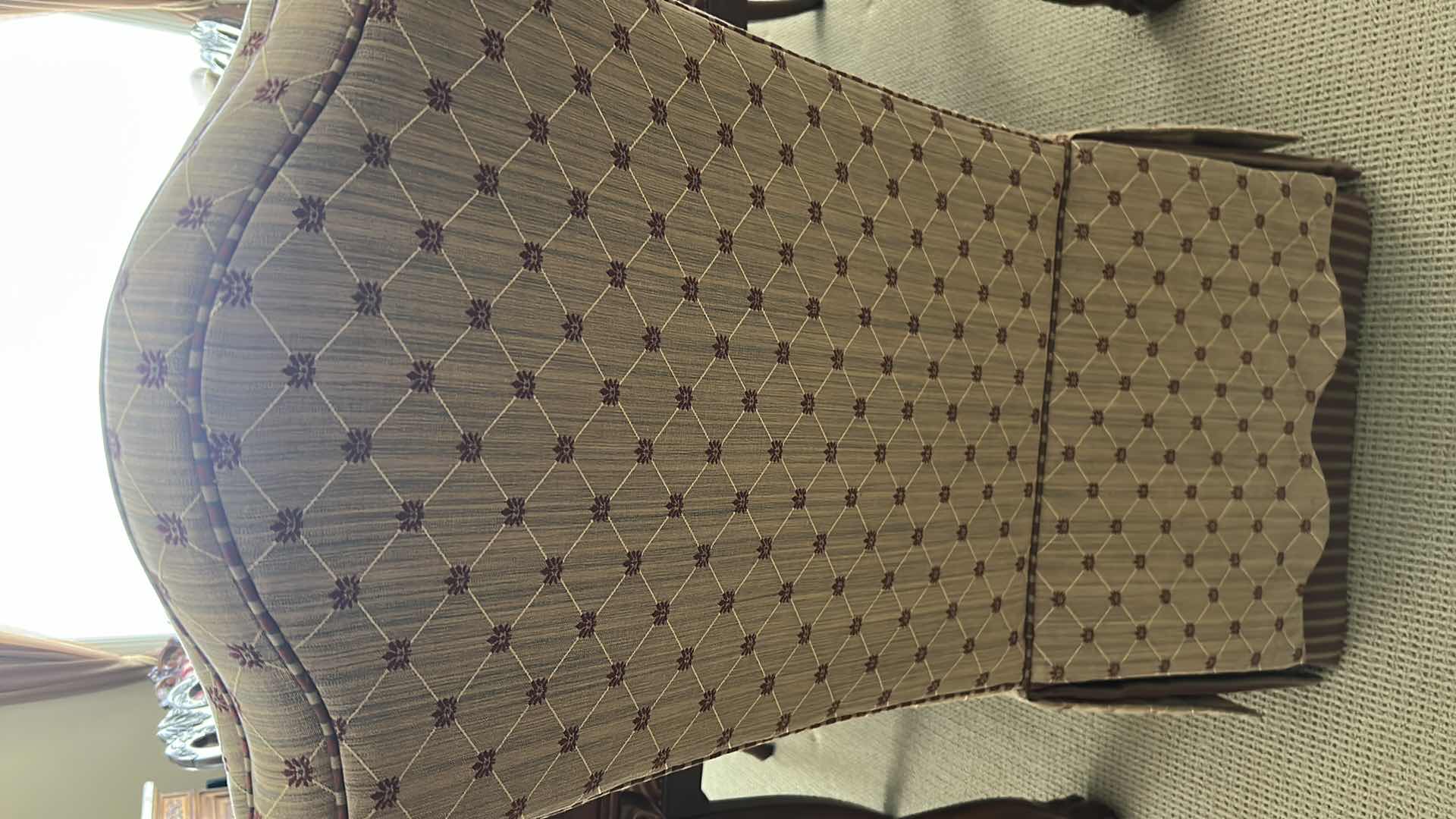 View 2 of BEIGE PATTERNED ETHAN ALLEN PARSONS CHAIR W FULLY UPHOLSTERED SKIRTED BASE 20" X 38"
