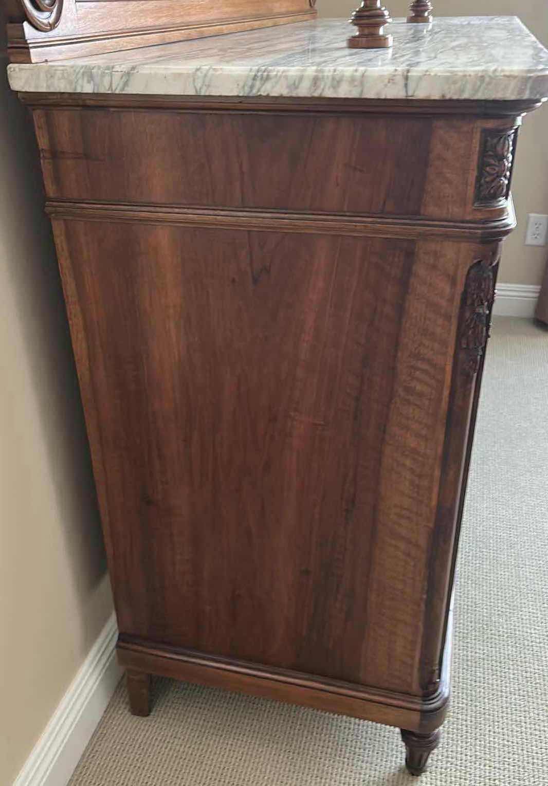 Photo 1 of ANTIQUE FRENCH WALNUT HUTCH W INTRICATE FLORAL CARVINGS & WHITE MARBLE TOP CURVED BEVELED GLASS DISPLAY 59" X 22" H 42" GLASSWARE NOT INCLUDED (SEE NOTES)