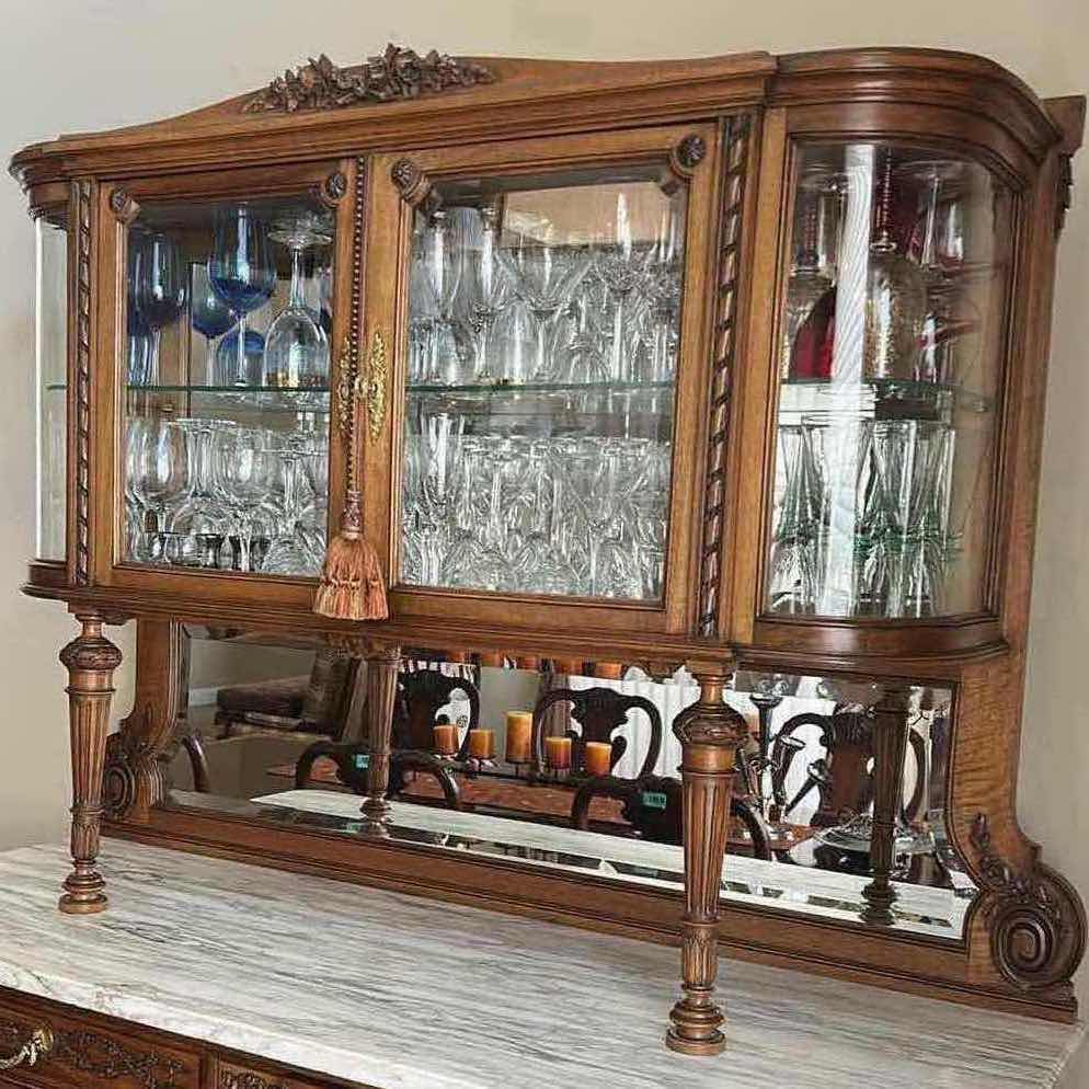 Photo 1 of ANTIQUE FRENCH WALNUT HUTCH W INTRICATE FLORAL CARVINGS & WHITE MARBLE TOP CURVED BEVELED GLASS DISPLAY 59" X 22" H 42" GLASSWARE NOT INCLUDED (SEE NOTES)