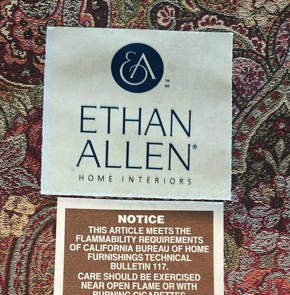 Photo 1 of ETHAN ALLEN ARMCHAIR W PLUSH OVERSIZED MULTI COLORED PAISLEY FABRIC W MATCHING DECORATIVE FRINGE PILLOWS 42" X 39" H 32" SEE NOTES