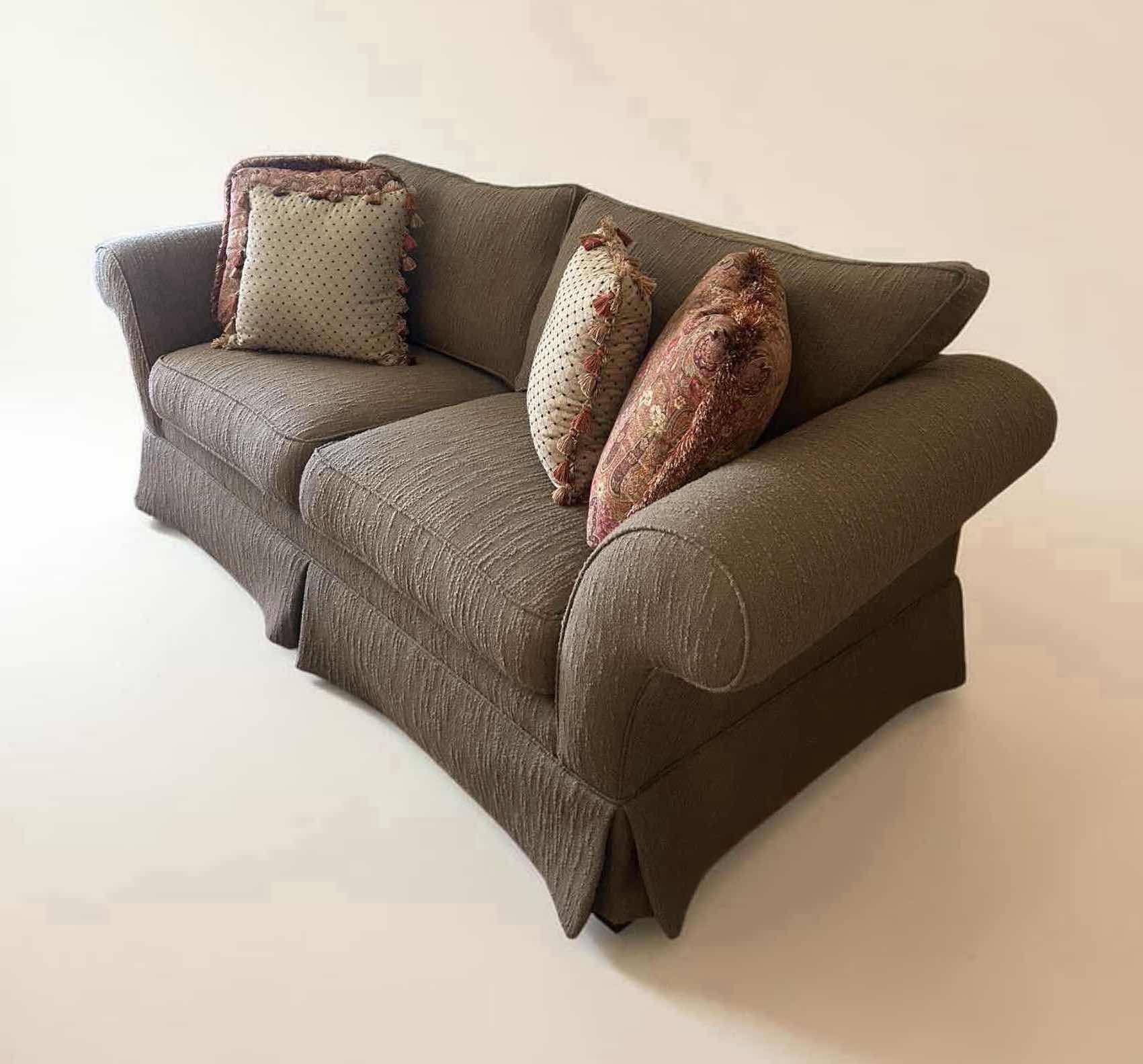 Photo 1 of ETHAN ALLEN TRADITIONAL SKIRTED GREEN SOFA W ROLLED ARMS & TAILORED BASE 83" X 36" H 30" (SEE NOTES)