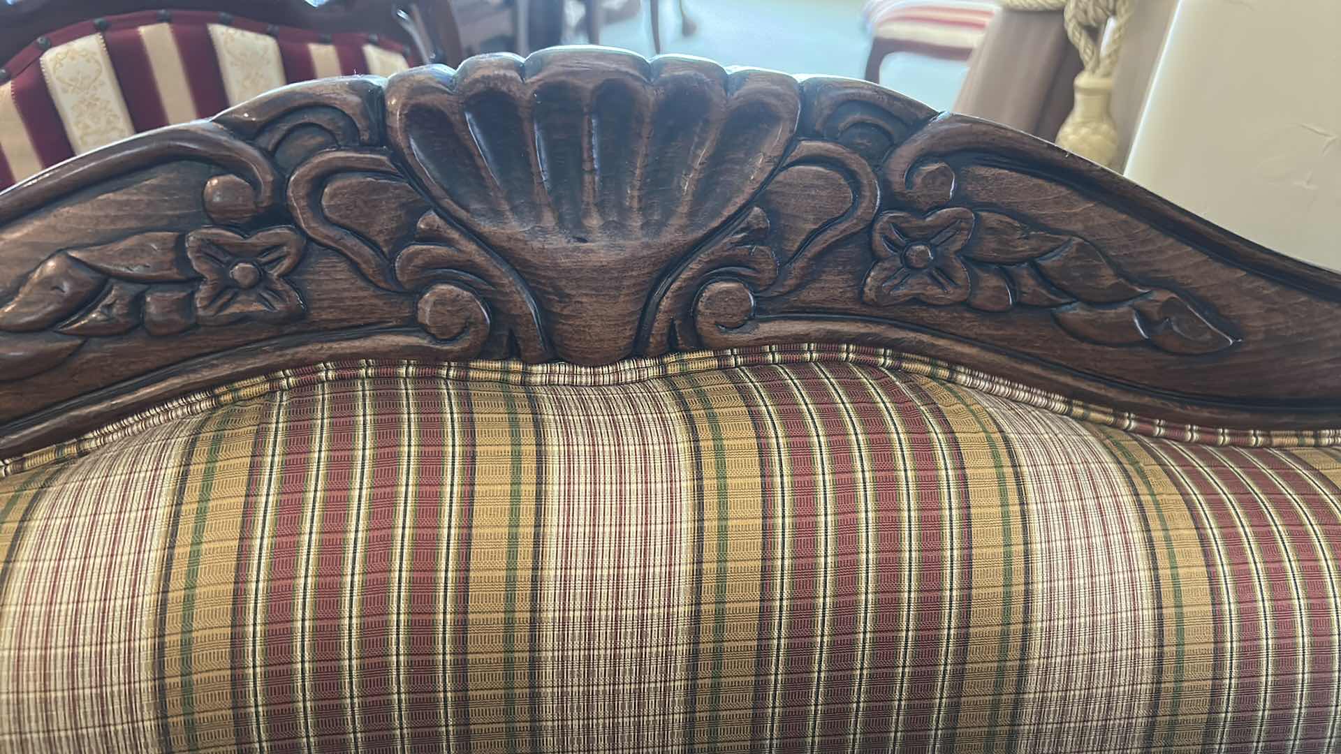 Photo 1 of ETHAN ALLEN FRENCH STYLE BERGERE ARMCHAIR W CARVED WOOD FRAME & STRIPED FABRIC UPHOLSTERY 38" X 35" H 45" (SEE NOTES)