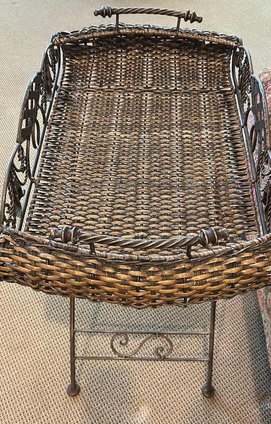 Photo 1 of ANTIQUE BUTLER TABLE W WOVEN RATTAN BASKET & ORNATE WROUGHT IRON SUPPORT 26" X 16" H 28"
