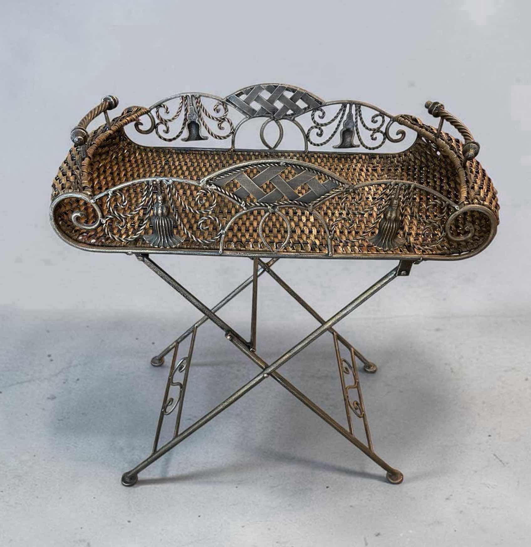Photo 1 of ANTIQUE BUTLER TABLE W WOVEN RATTAN BASKET & ORNATE WROUGHT IRON SUPPORT 26" X 16" H 28"