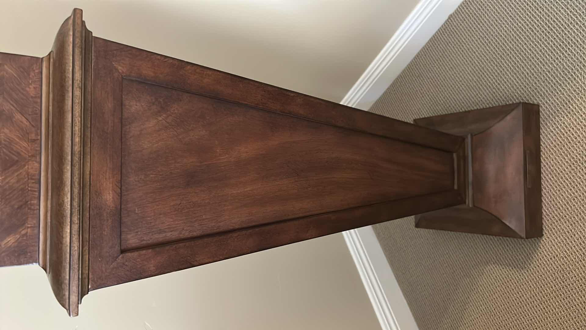 Photo 1 of ETHAN ALLEN NEOCLASSICAL TALL PEDESTAL TABLE W RICH WOOD TONE FINISH 14" X 14" H 48" (SEE NOTES)