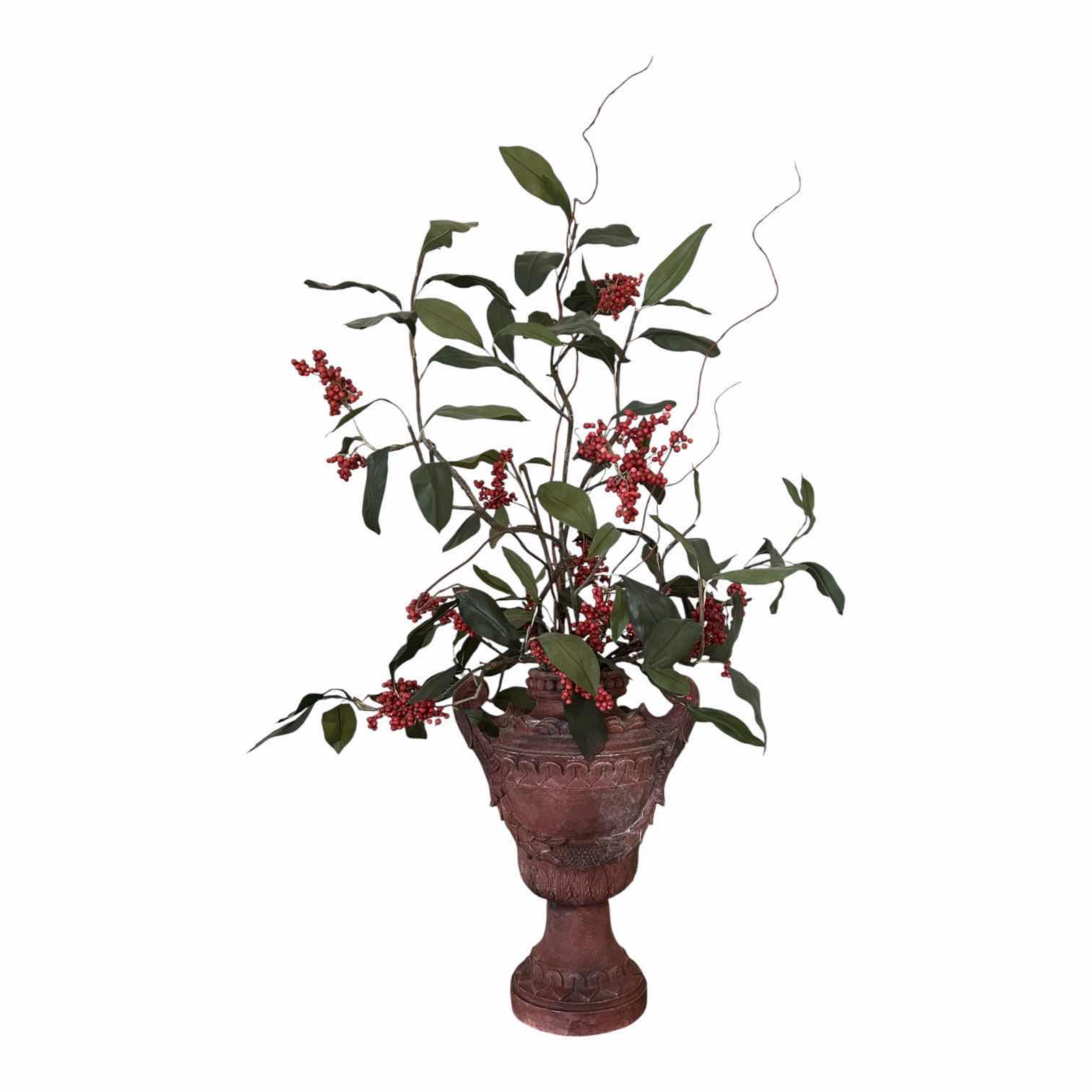 Photo 1 of ARTIFICIAL BURGUNDY BERRY ARRANGEMENT IN RUSTIC WEATHERED BROWN URN H 40"