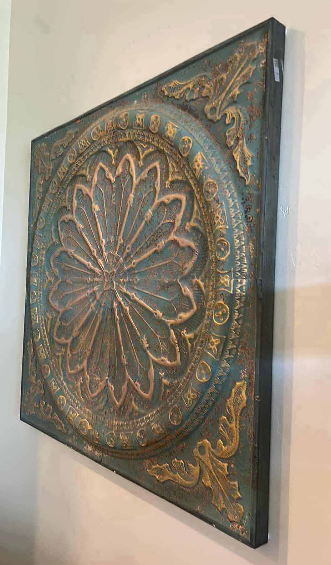 Photo 1 of METAL WALL PLAQUE W DISTRESSED GOLD & GREEN EMBOSSED FLORAL MEDALLION DESIGN 48" X 48"