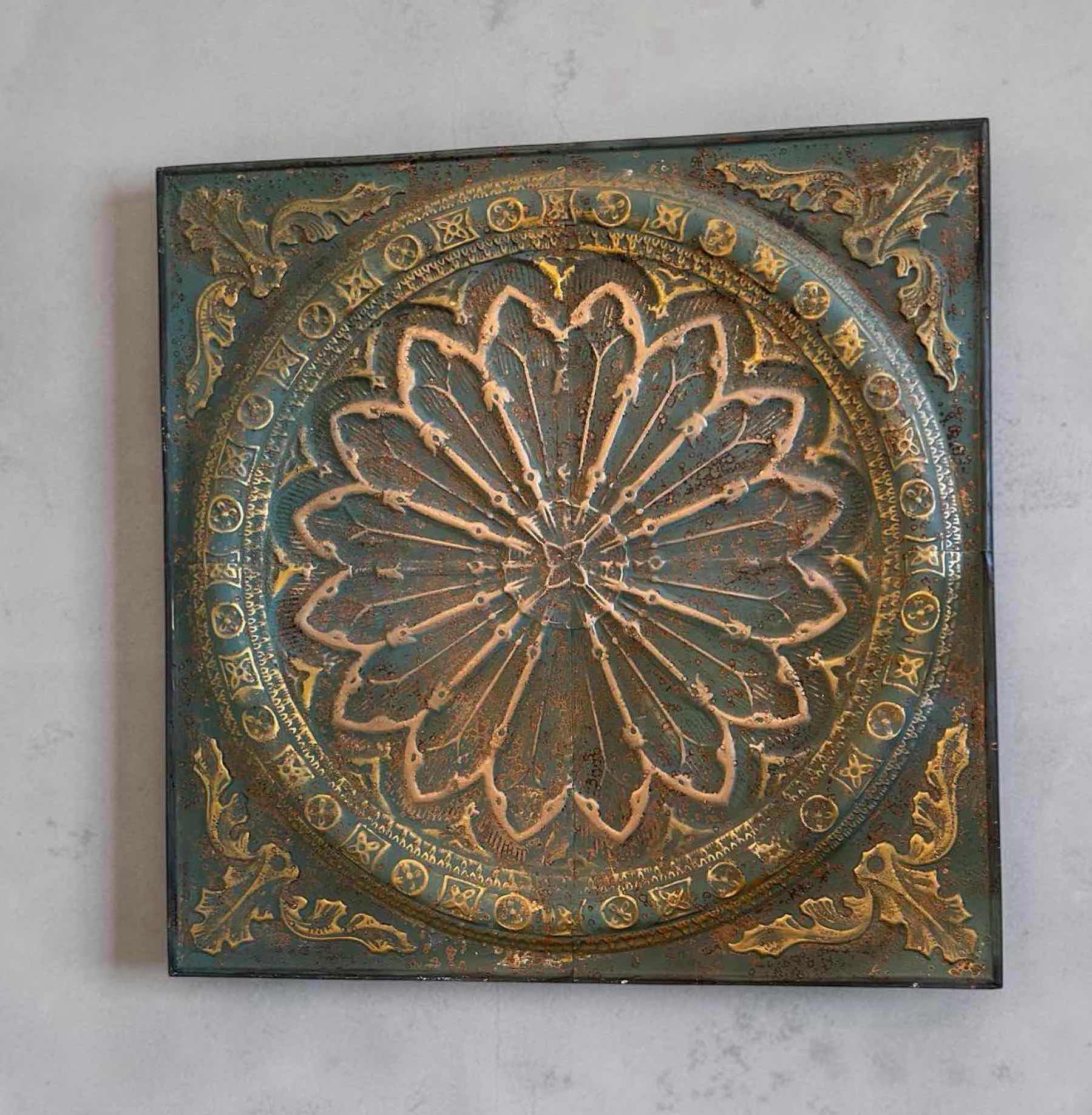 Photo 1 of METAL WALL PLAQUE W DISTRESSED GOLD & GREEN EMBOSSED FLORAL MEDALLION DESIGN 48" X 48"