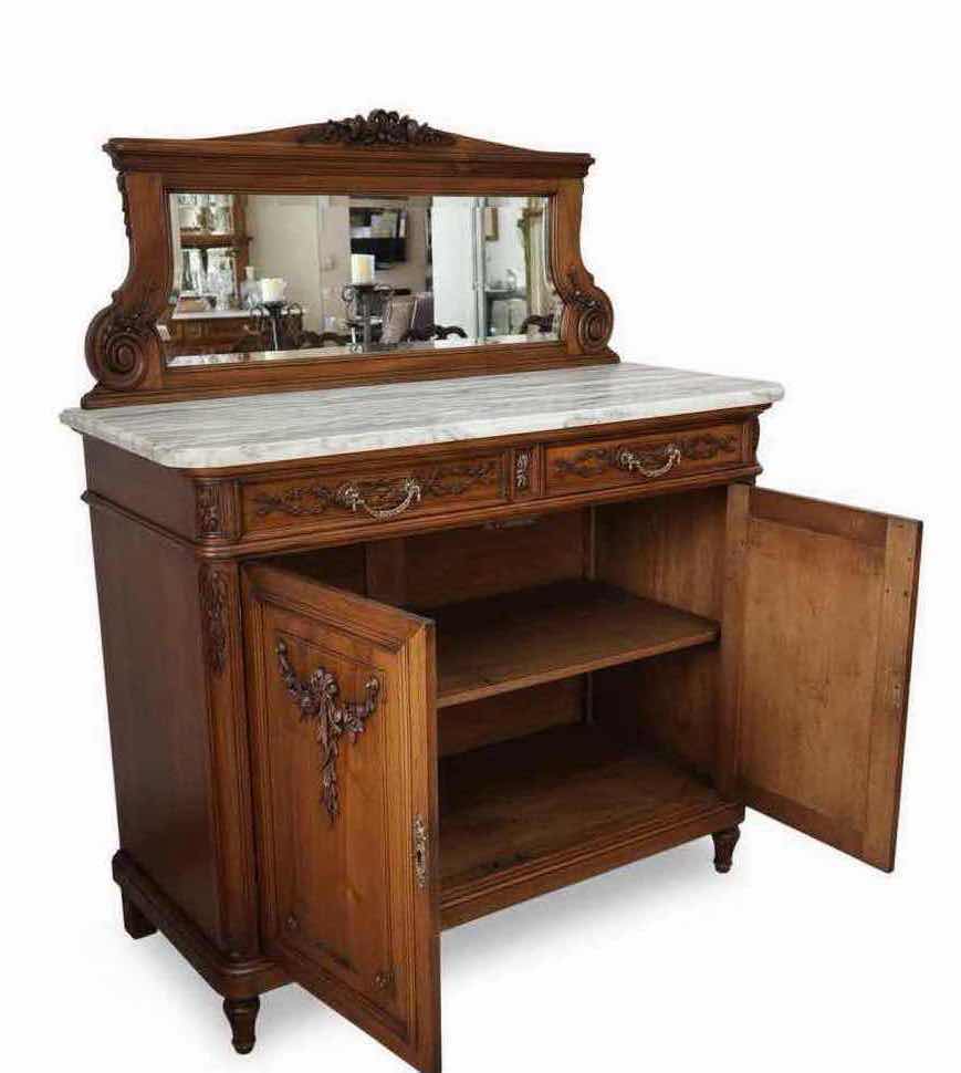 Photo 1 of ANTIQUE FRENCH SIDEBOARD W MARBLE TOP MIRRORED BACKSPLASH 47" X 19" H 44" (SEE NOTES)