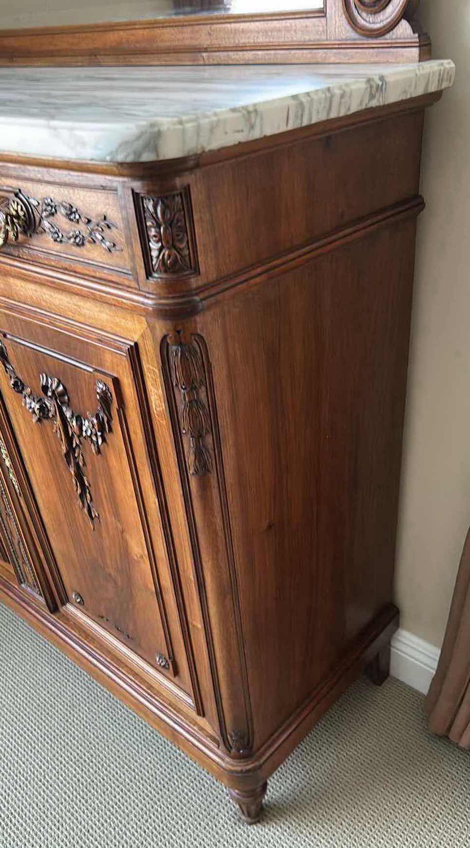 Photo 1 of ANTIQUE FRENCH SIDEBOARD W MARBLE TOP MIRRORED BACKSPLASH 47" X 19" H 44" (SEE NOTES)