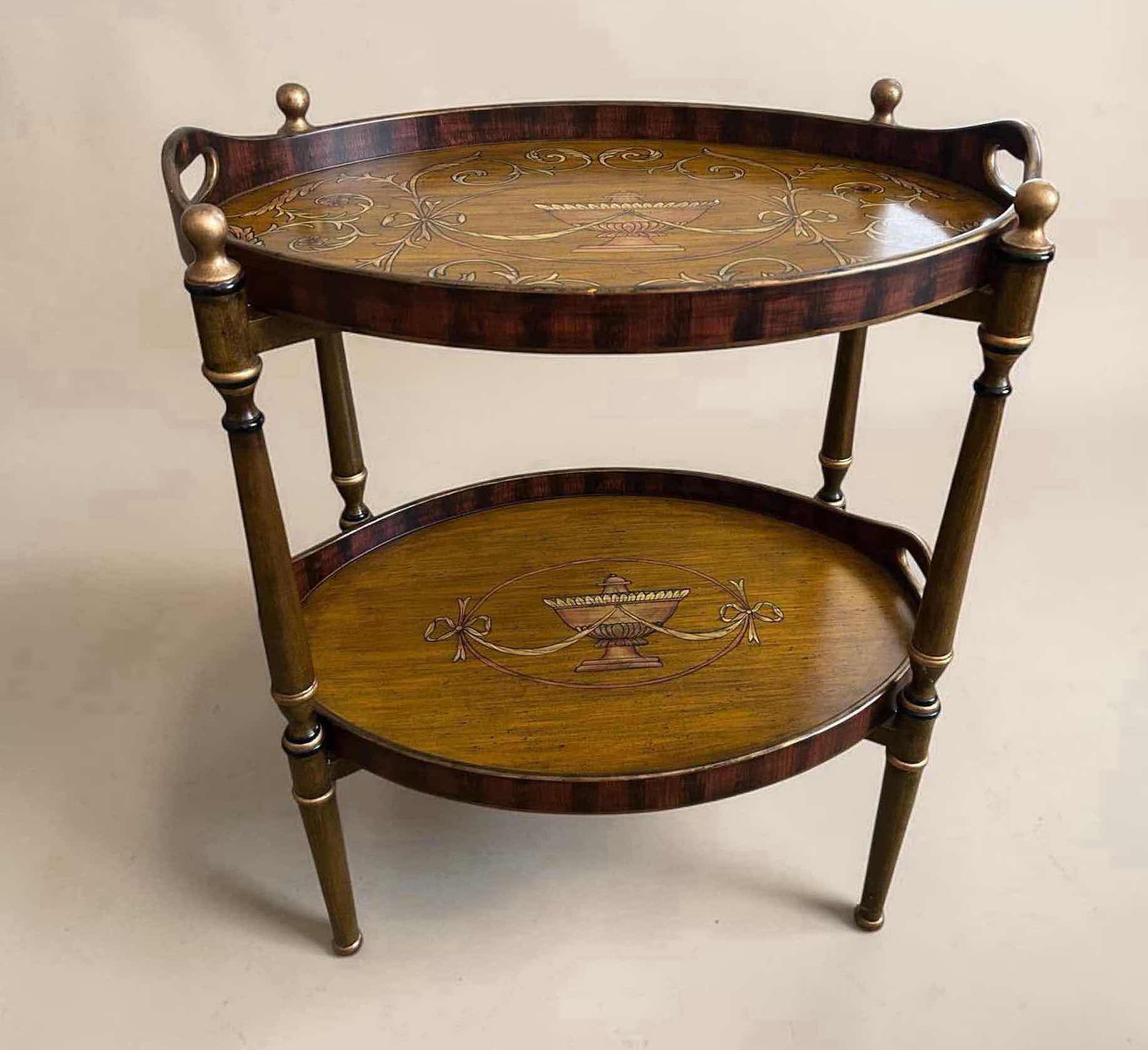 Photo 1 of BUTLER KATHLEEN TEA SERVER W TWO OVAL TIERS OLIVE ASH BURL VANEER 27" X 20 H 31"